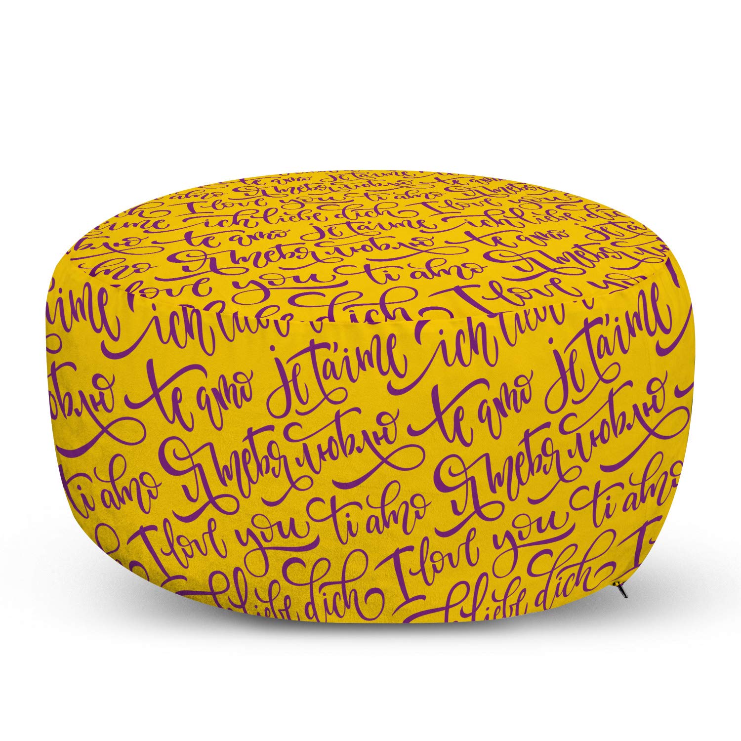 Lunarable French Script Ottoman Pouf - 'I Love You' in Multiple Languages (Je T'Aime, Te Amo) - European Romance Valentine's Day Decorative Foot Rest with Removable Cover - Soft Living Room & Bedroom Accent in Earth Yellow & Purple - Perfect for Cozy Reading Nooks, Guest Seating, and Nursery Decor