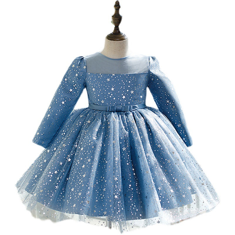 Sparkly Blue Sequin Flower Girl Dress with Long Sleeves | Tea-Length Formal Gown for Weddings, Pageants & Special Occasions