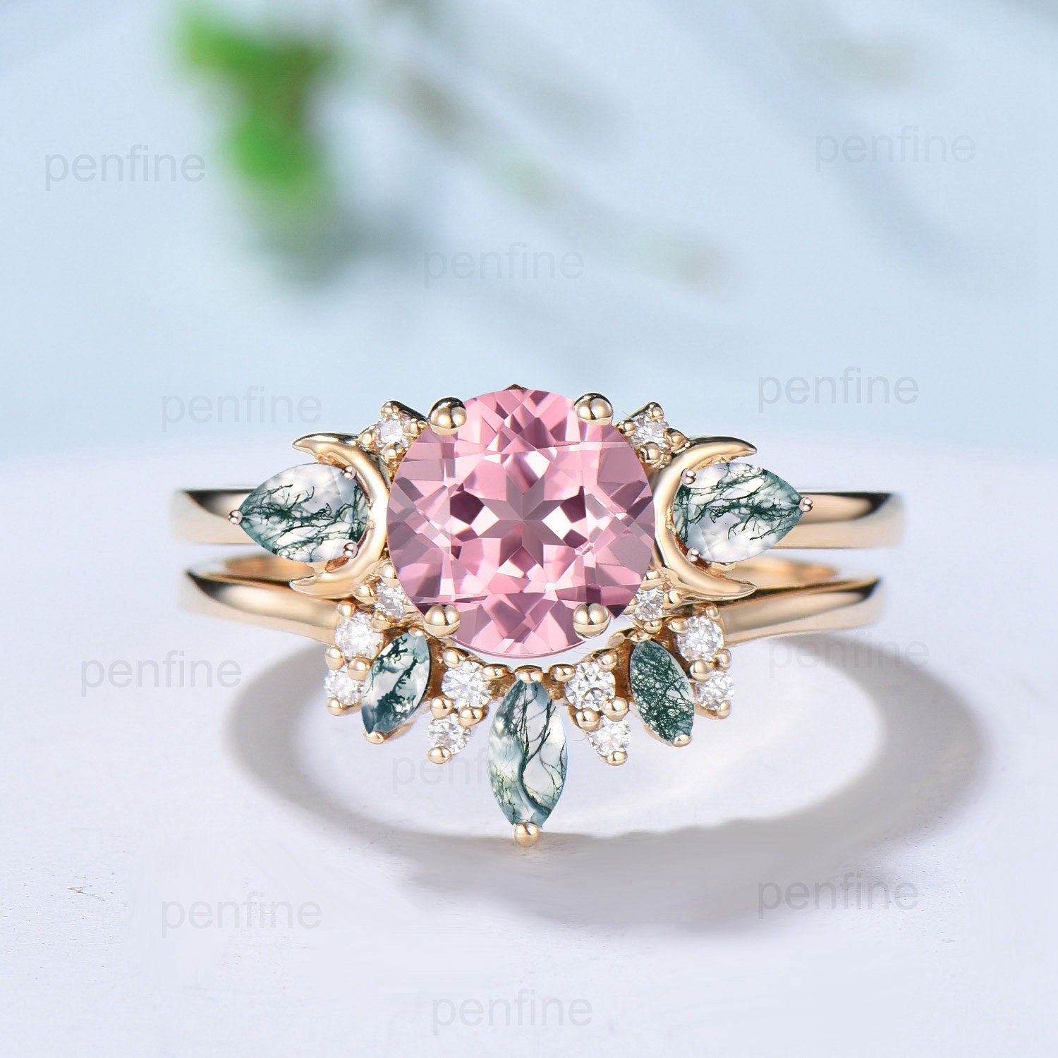 1Ct Round Papalacha Sapphire Engagement Ring Set - Vintage Pear Marquise Moss Agate Wedding Rings in Yellow Gold - Stackable Matching Bridal Jewelry Set for Proposals, Anniversaries & Special Occasions