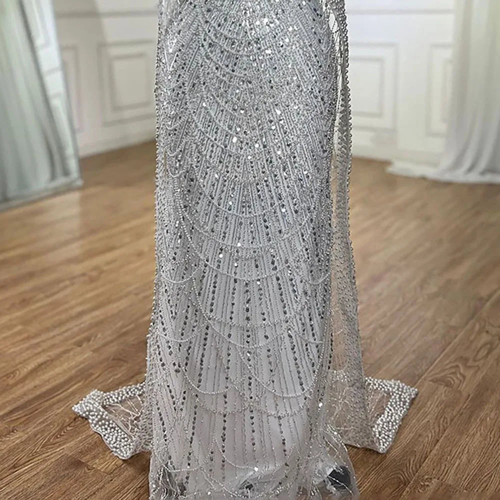 Luxury Dubai Muslim Sage Green Pearls Evening Dress with Cape - Plus Size LA72591 for Wedding, Party & Special Occasions