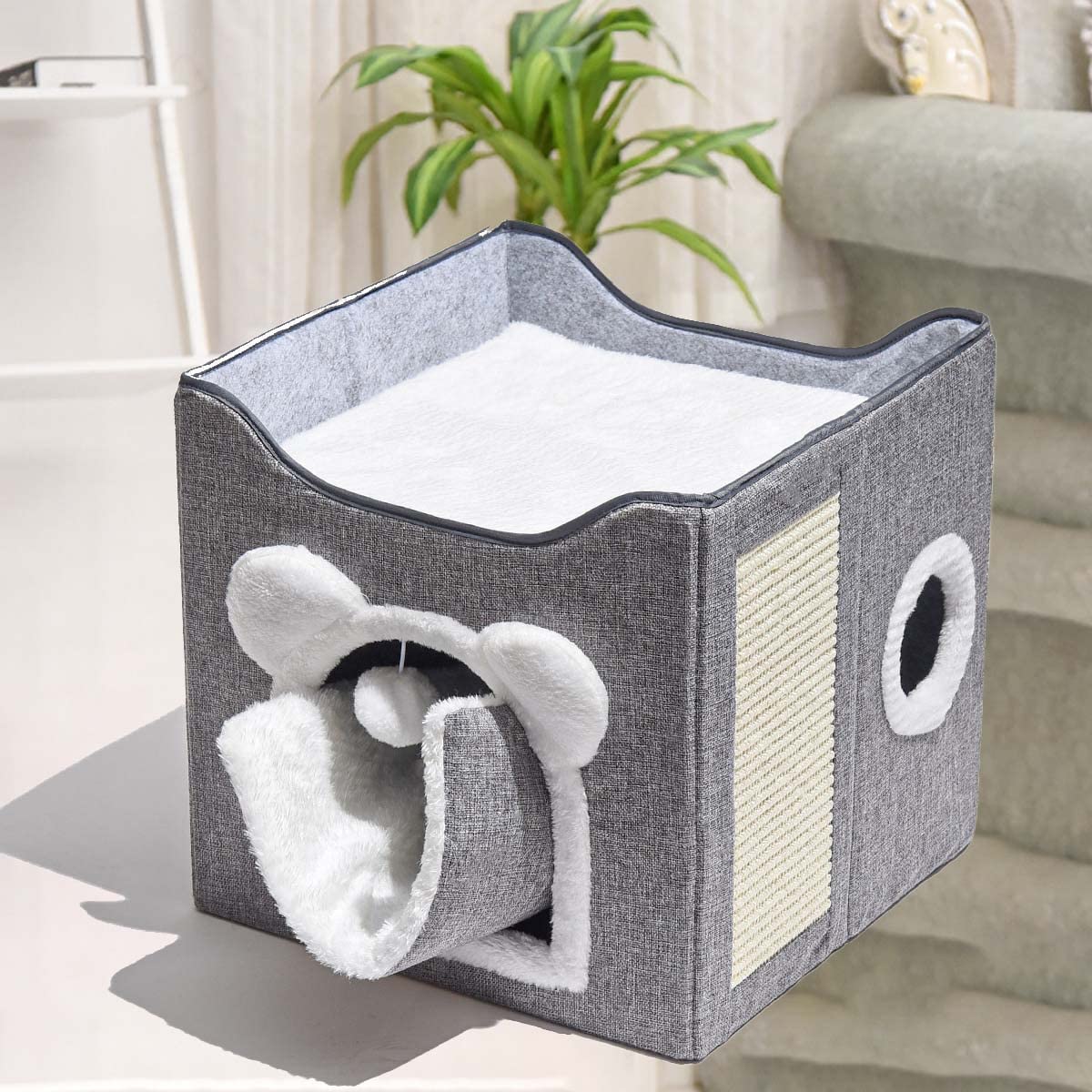 Premium Foldable Cat Bed House for Indoor Cats - Large Cozy Cave with Fluffy Hanging Ball & Scratch Board - 15.35