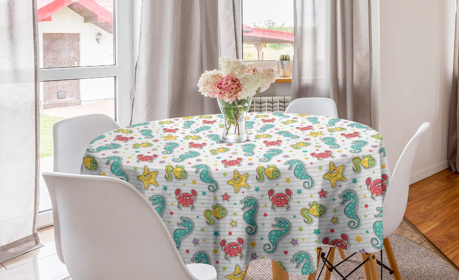 Ambesonne Cartoon Round Tablecloth - 60 Inch Sea Creatures Design with Seahorse, Crabs & Fish in Aqua Drawing Style - Teal Mustard Dark Coral Circle Table Cover for Dining Room, Kitchen Decor | Perfect for Beach Themed Parties, Underwater Decorations & Coastal Home Styling