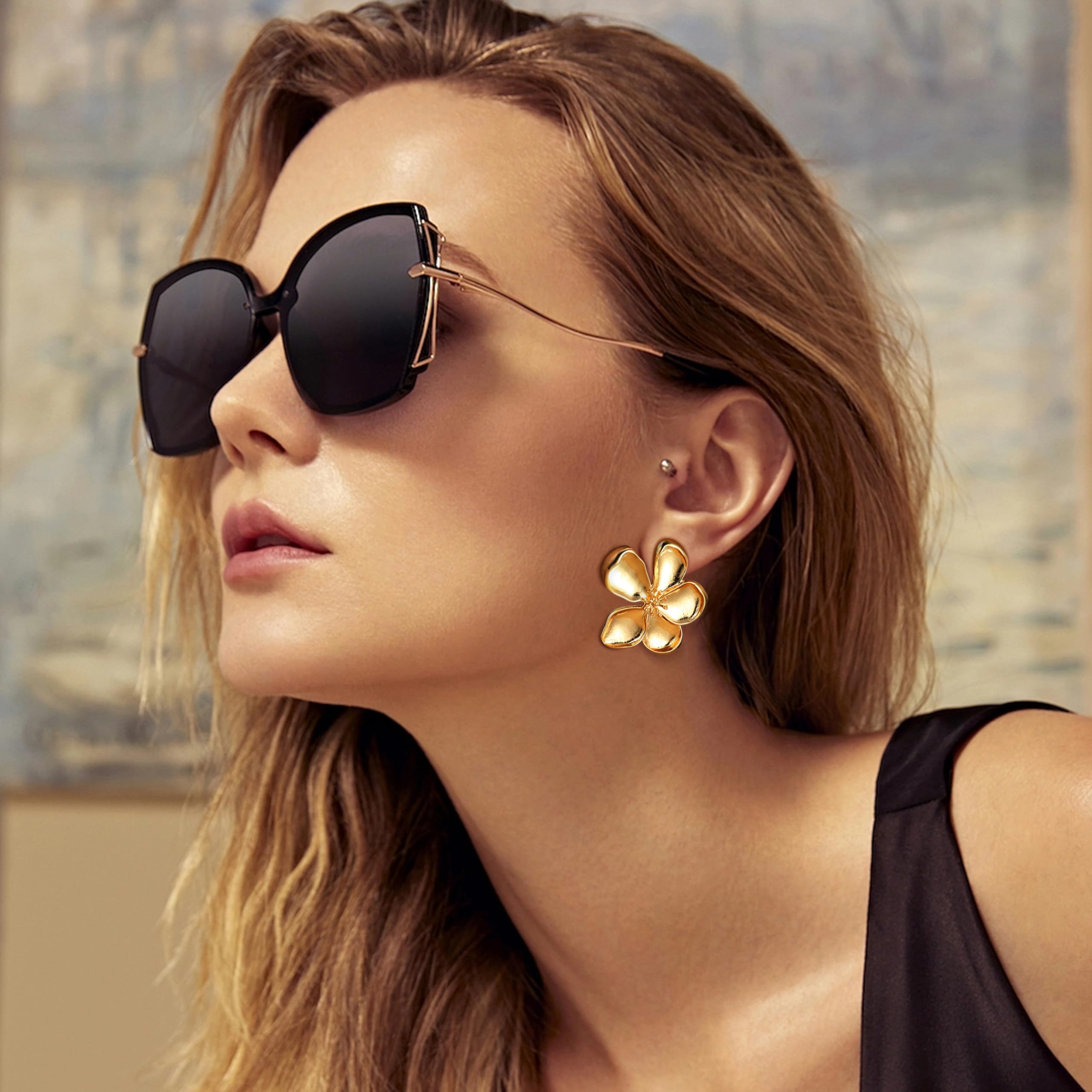 14K Gold Plated Clip-On Earrings for Women - Trendy Non-Piercing Floral Dangle Earrings | Lightweight Fake Earrings Set for Non-Pierced Ears | Perfect for Weddings, Parties & Everyday Wear