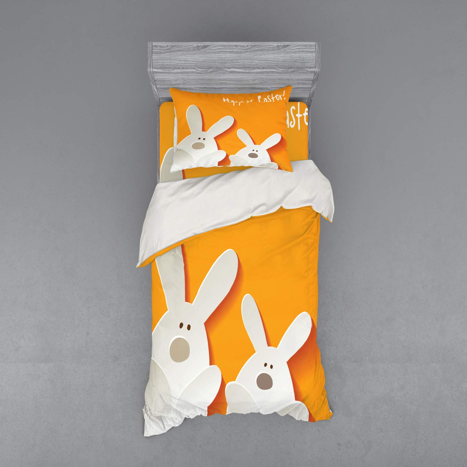 Ambesonne Easter Bunny Duvet Cover Set - 3 Piece Twin Size with Sham & Fitted Sheet, Abstract Animal Design in Warm Orange Coconut Brown - Perfect for Easter Decorations, Spring Bedroom Makeover & Holiday Gift Giving