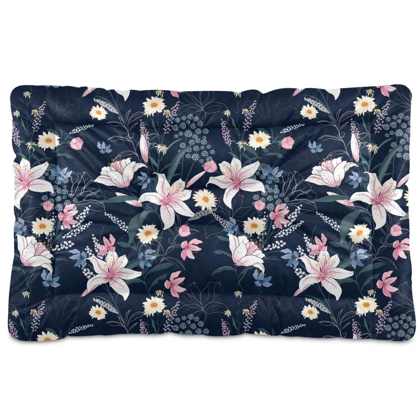 Ultra Soft Washable Pet Bed - Floral Lily Daisy Pattern Dog & Cat Crate Mat (24x18 Inches) - Fleece Kennel Pad for Comfortable Sleeping - Perfect for Crates, Carriers & Home Use