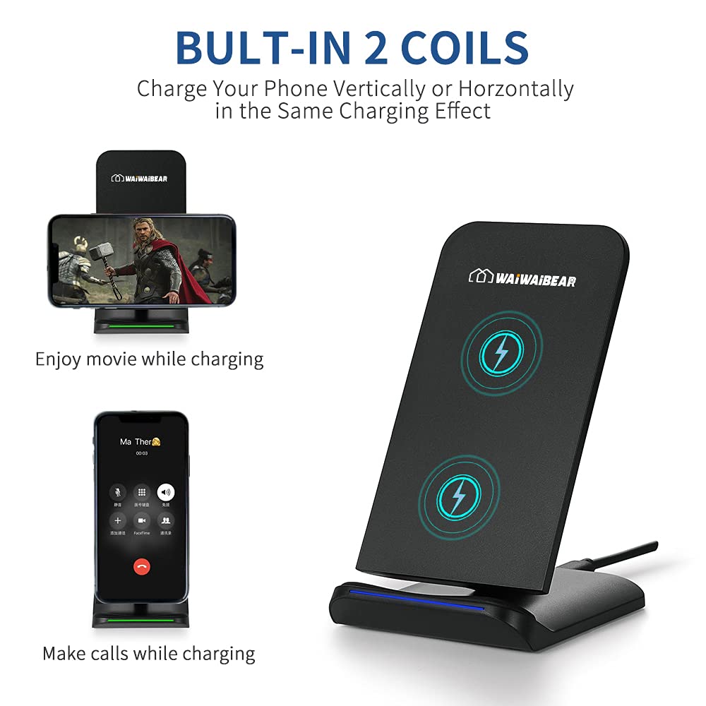 WAIWAIBEAR 15W Fast Wireless Charger Stand - Qi-Certified Phone Charging Dock for iPhone 13/12/11/SE/X/8 Plus, Samsung Galaxy S21/S20/S10/S9/S8, Google Pixel - Perfect for Bedside, Office & Car Use