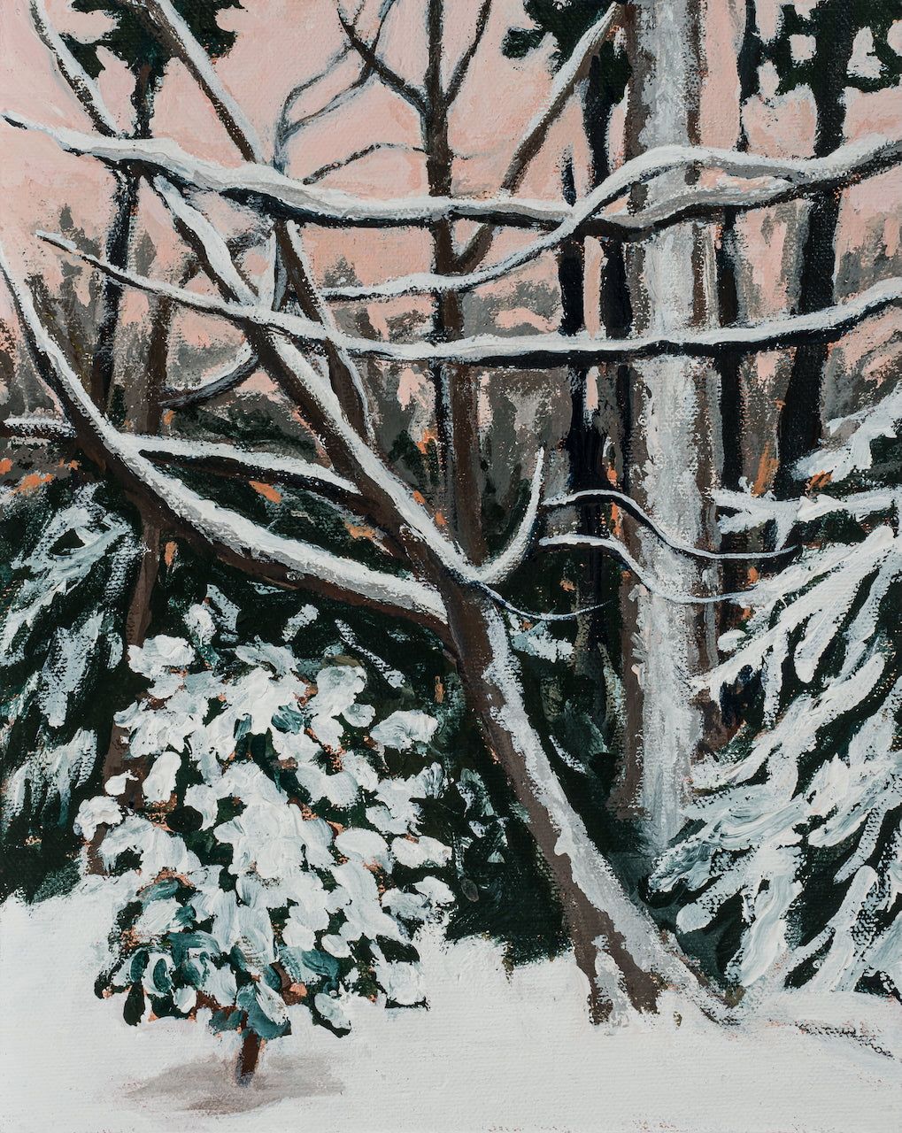 Pia De Girolamo: Winter Landscape Painting - Snow Covered Backyard Scenery Art Print | Perfect for Home Decor, Office Wall Art & Cozy Winter-Themed Interior Design