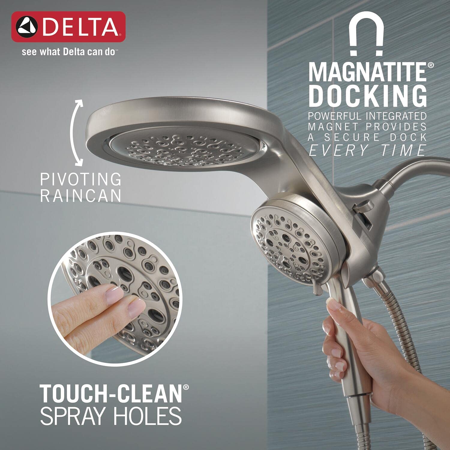 Delta Faucet HydroRain 5-Spray H2Okinetic Dual Shower Head with Handheld Spray - Brushed Nickel Shower Head with Hose, 2.5 GPM Flow Rate, Stainless Steel 58680-SS25 - Perfect for Bathroom Renovation & Spa-Like Shower Experience