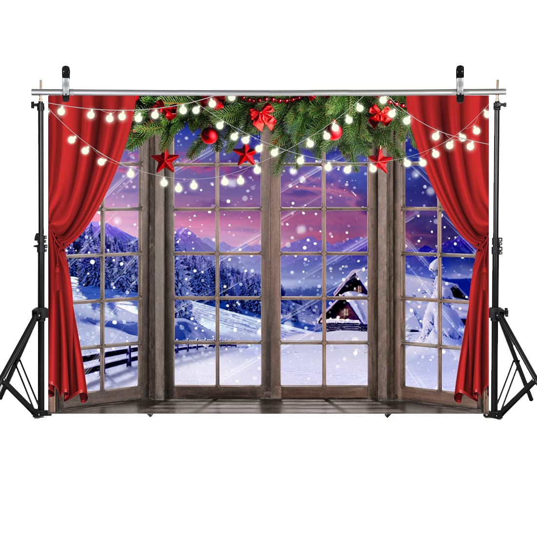 LYCGS 7X5FT Christmas Photography Backdrop - Winter Wonderland Snow Tree with Red Curtains for Xmas Photo Studio Props, Holiday Party Decor, Family Portrait Background (Model X-67)