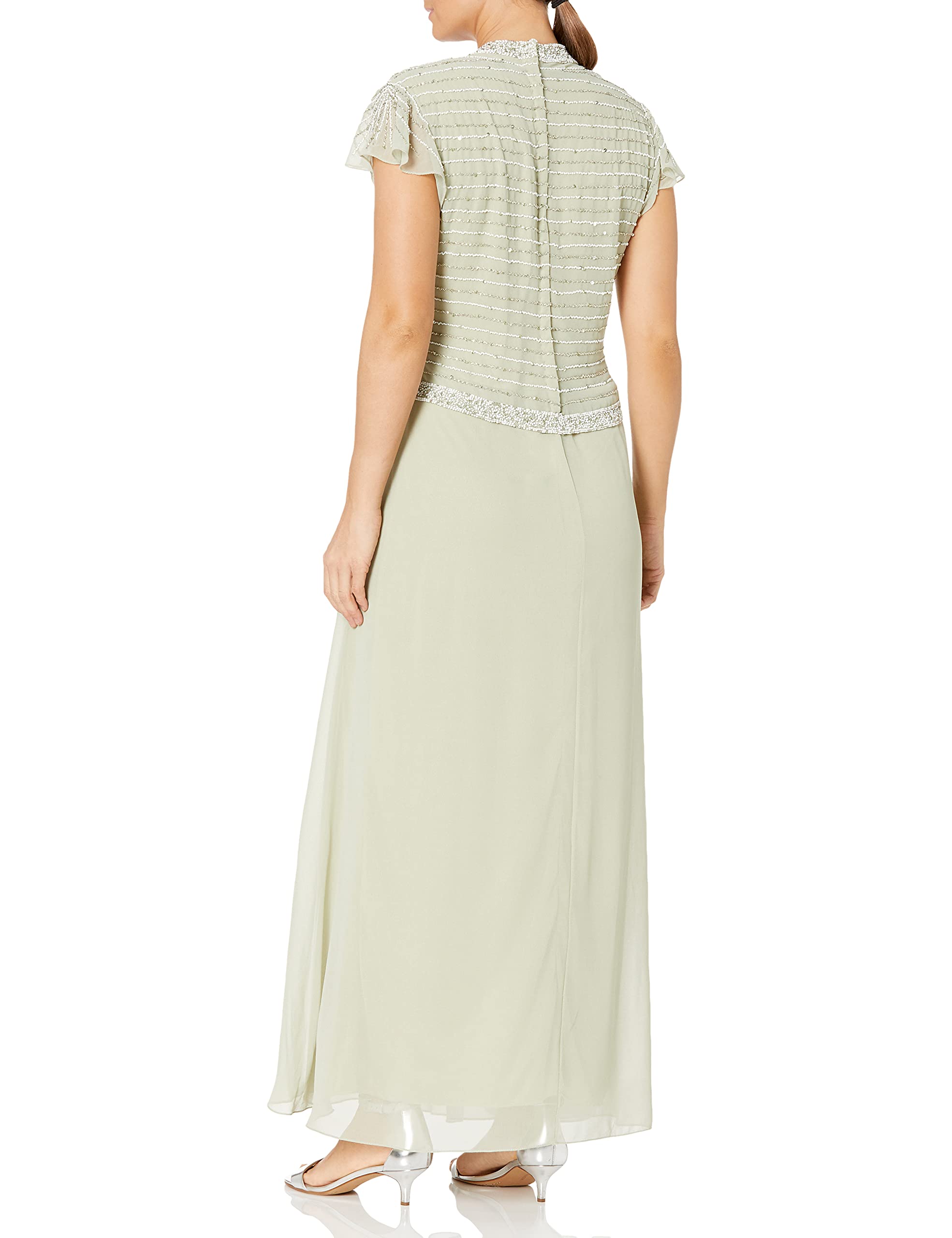 J Kara Women's Petite Faux Wrap Long Dress with Flutter Sleeves - Elegant Plus Size Formal Midi Dress for Wedding Guest, Cocktail Party & Special Occasions