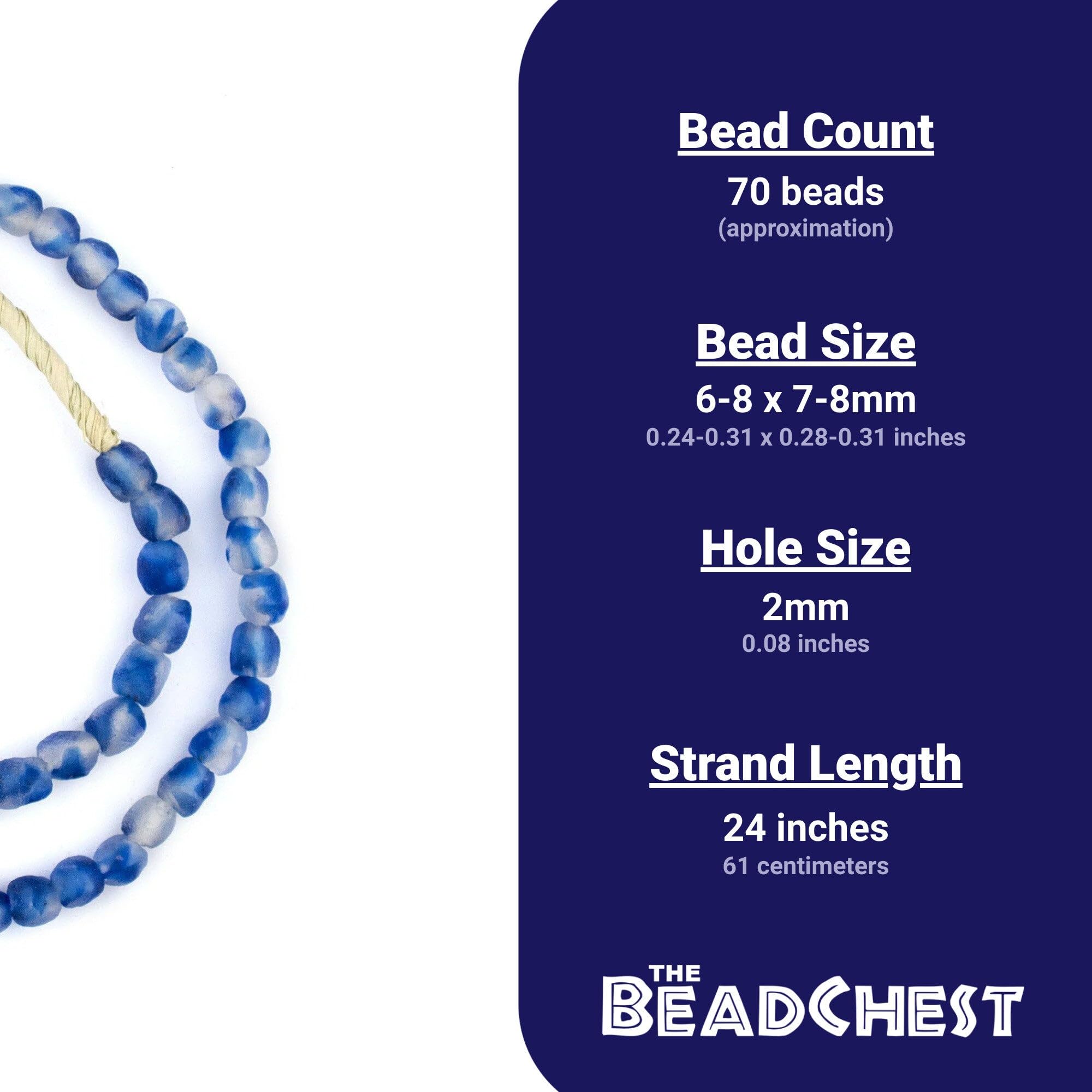 Handmade Ghana Recycled Glass Beads - Cobalt Blue Swirl 7mm Strand (70 Beads) for Jewelry Making, DIY Crafts & Home Decor | Perfect for Necklaces, Bracelets & Boho Decorations