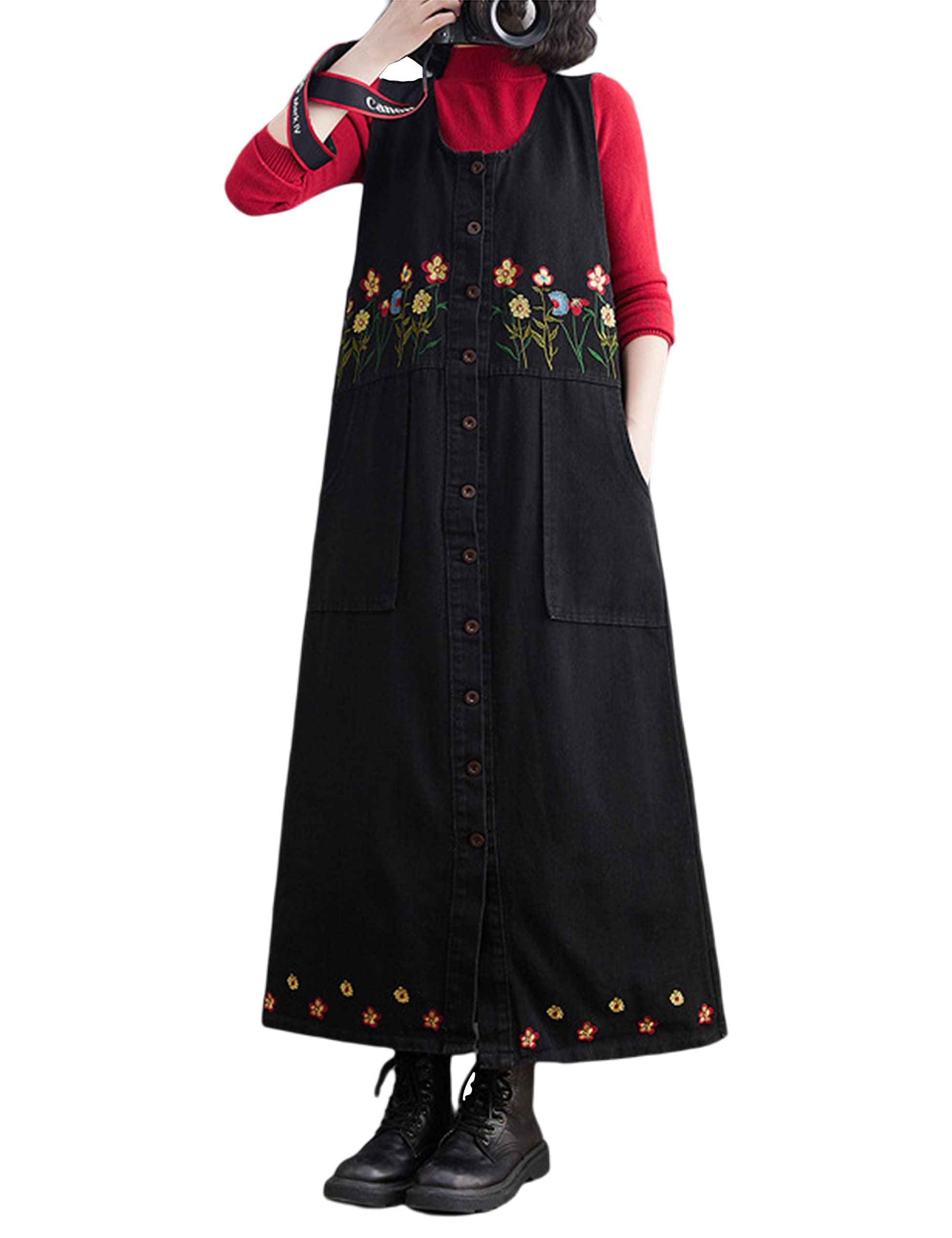 Yeokou Women's Floral Denim Overalls - Baggy Pinafore Jumpsuit Dress Midi Length Long Jeans for Casual Outings & Spring Fashion