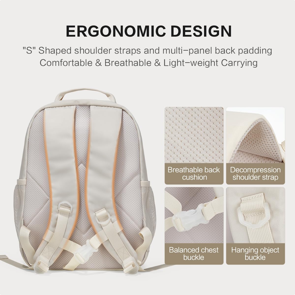 OIWAS Women's 15.6 Inch Laptop Backpack - Lightweight Stylish Travel Daypack with Large Capacity | Perfect for Work, School, Commuting & Travel (Off White)