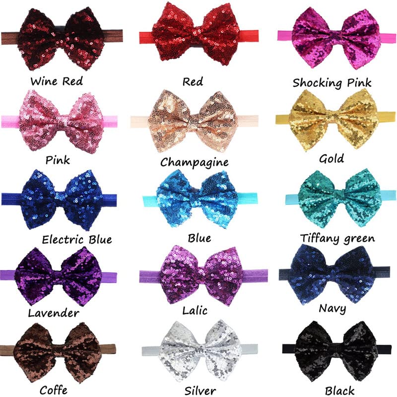 BELICIA 6 Pcs Baby Girls Headbands - Sparkly Glitter Sequin Hair Bows for Toddlers, Infants & Newborns | 4'' Big Boutique Bling Elastic Hair Accessories | Perfect for Birthday Parties, Photo Shoots & Daily Wear