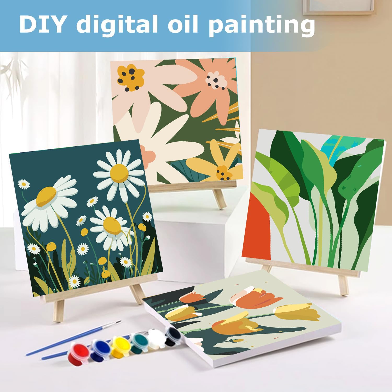 MRPWNLE 4 Pack Small Flower Paint by Numbers Kit for Adults Beginners - 8x8 Inch Framed Canvas, Easy DIY Painting Kits for Home Wall Decor, Gifts & Relaxation | Perfect for Stress Relief & Creative Hobbies