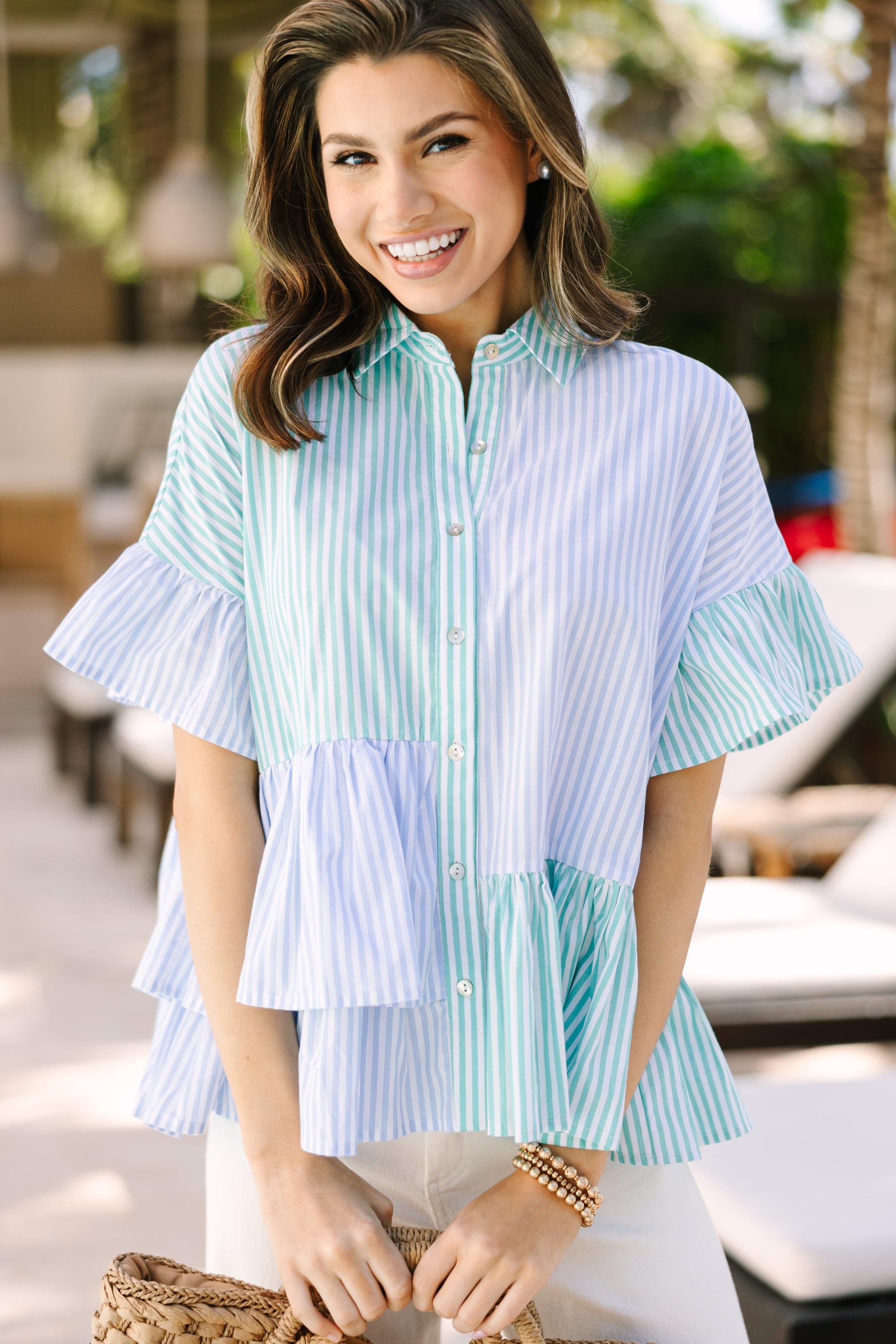 Call On You Green Striped Blouse - Women's Fashion Casual Long Sleeve Shirt for Office, Party & Everyday Wear