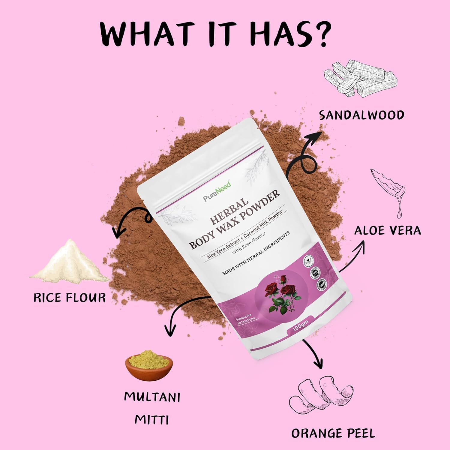 Natural Wax Powder for Hair Removal with Aloe Vera & Multani Mitti - Painless Hair Remover for Women & Men | Chemical-Free, Gentle on Skin, No Irritation or Rashes - 100g Rose Scented Wax - Perfect for Smooth Legs, Arms & Bikini Line at Home