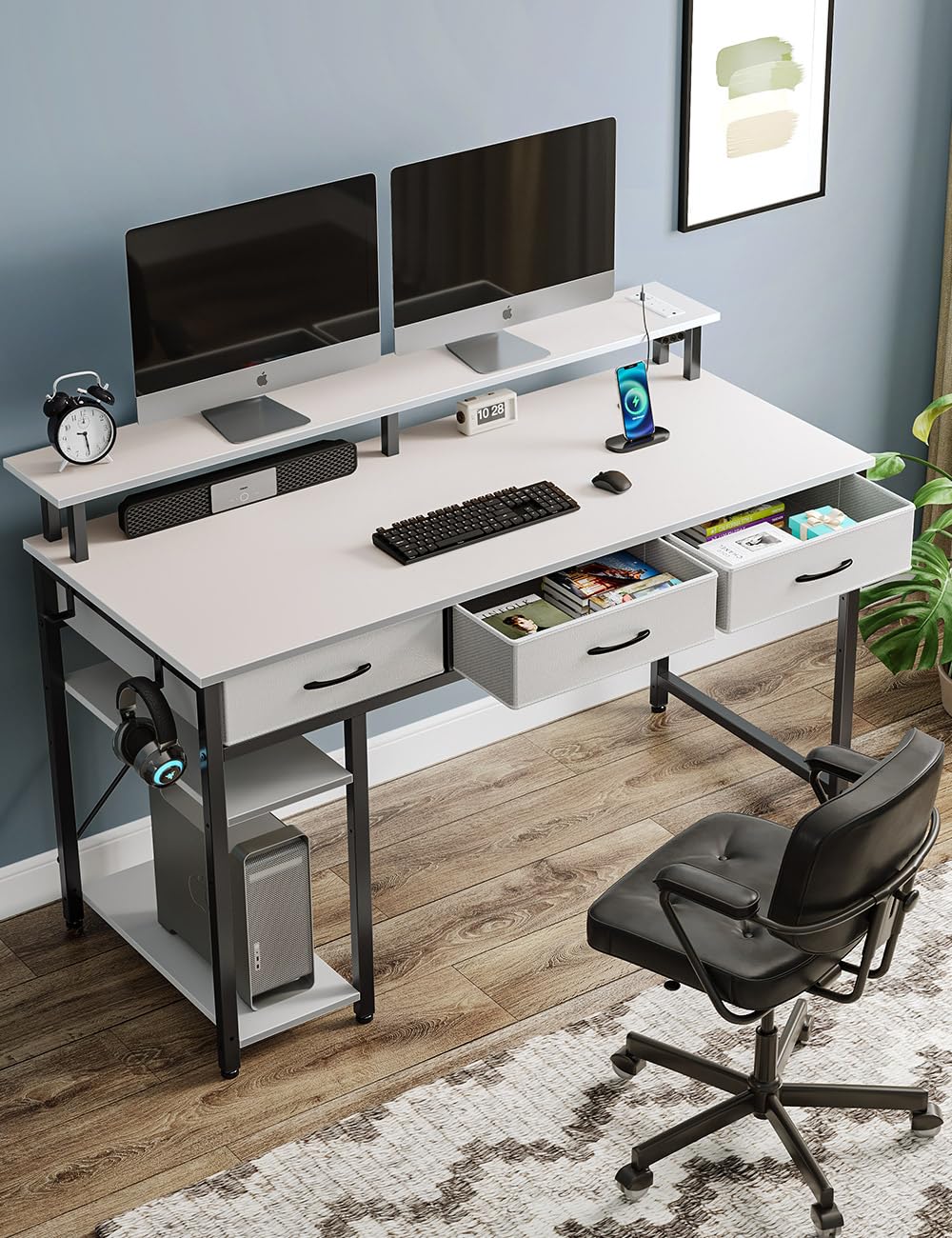 Rolanstar 47 Inch Modern Computer Desk with Power Outlets, USB Ports & LED Light - Home Office Desk with Drawers, Storage Shelves & Monitor Stand - Ergonomic Writing Workstation for Small Spaces, Gaming & Remote Work (White)