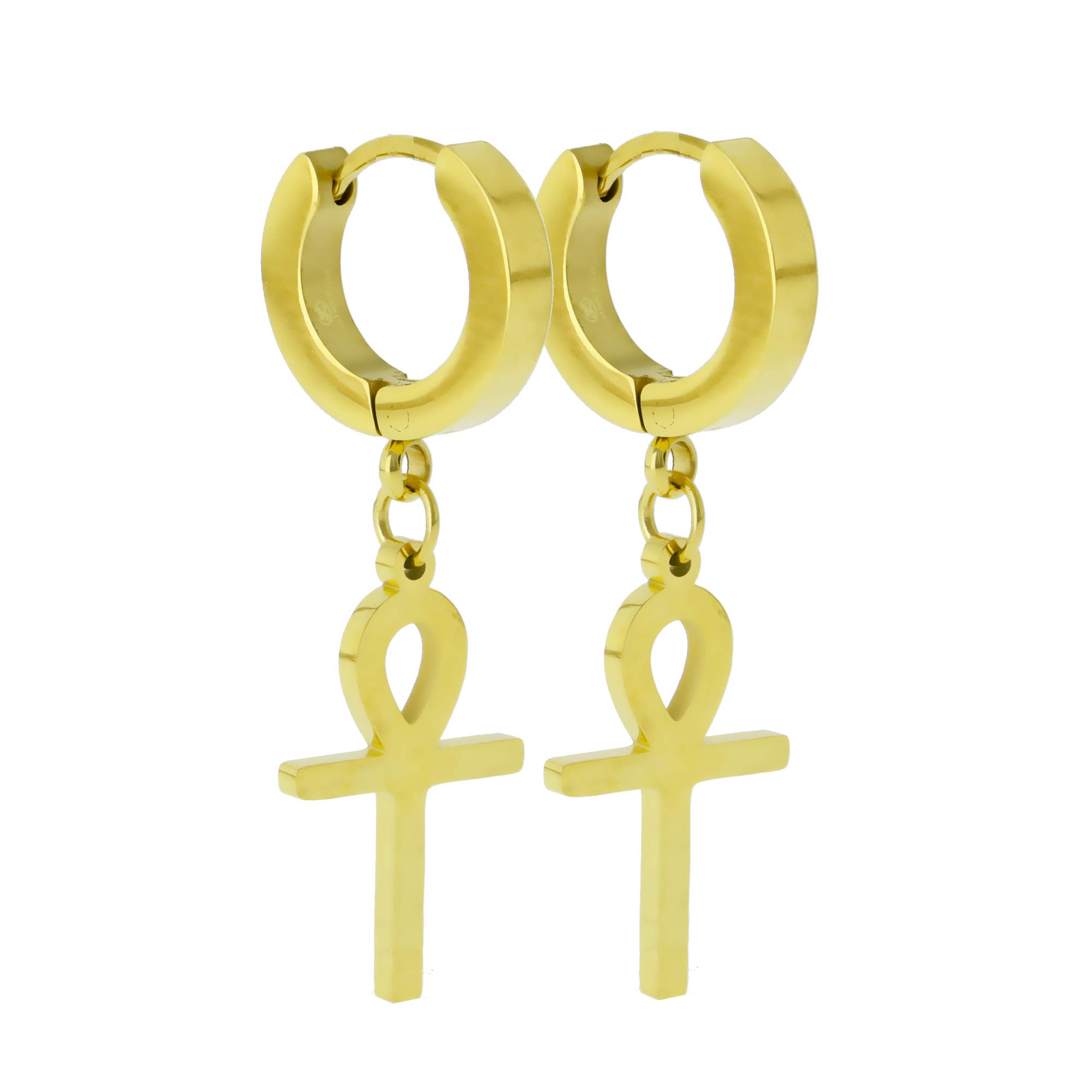 2 Pairs Unisex Stainless Steel CZ Egyptian ANKH Cross Dangle Hoop Earrings - Small Bling Drop Hinged Earrings (Silver/Gold/Black) for Everyday Wear, Gift Giving & Boho Fashion