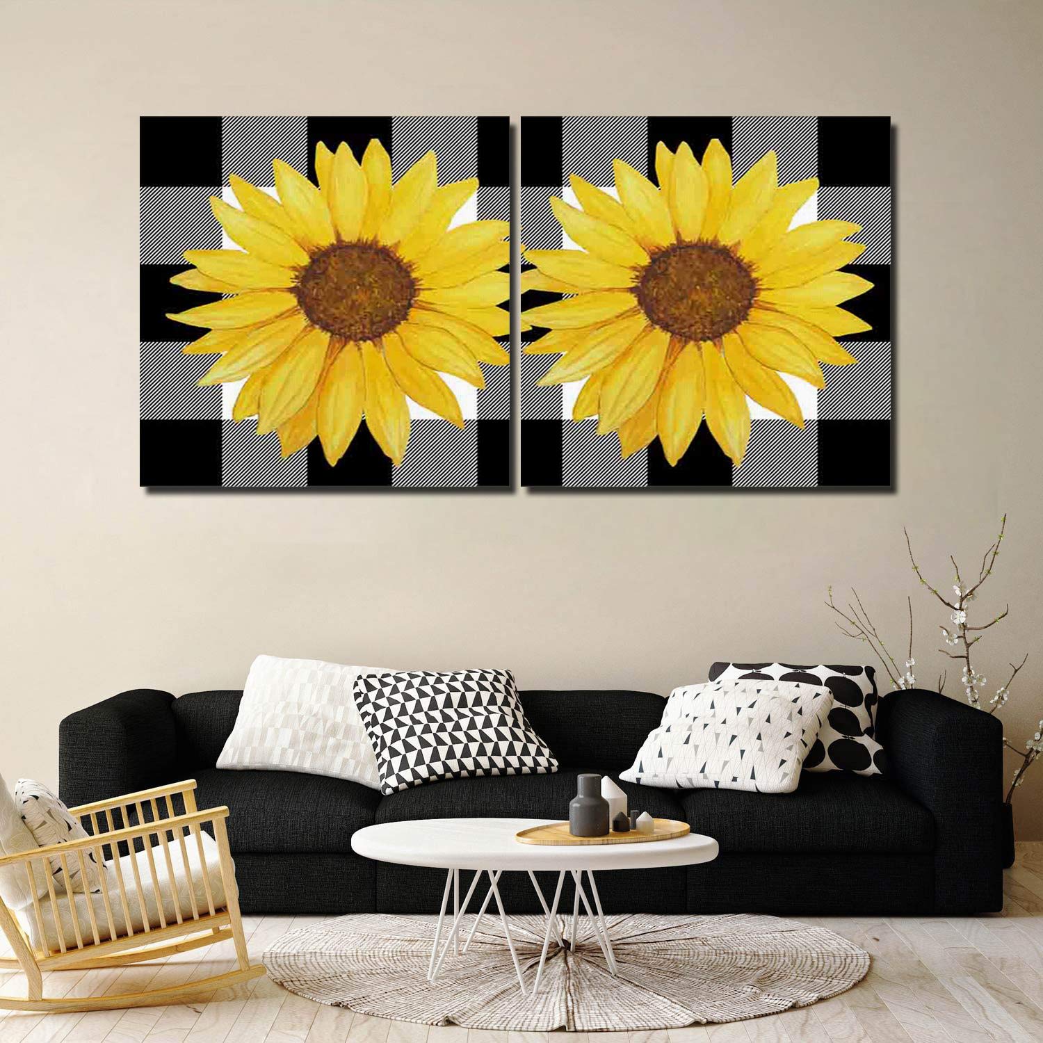 2-Piece Sunflower Canvas Wall Art Set - Autumn Plaid Farmhouse Decor for Living Room, Bedroom, Kitchen & Bathroom - Framed 16x16 Inch Panels - Perfect for Fall Home Decor & Cozy Interior Design