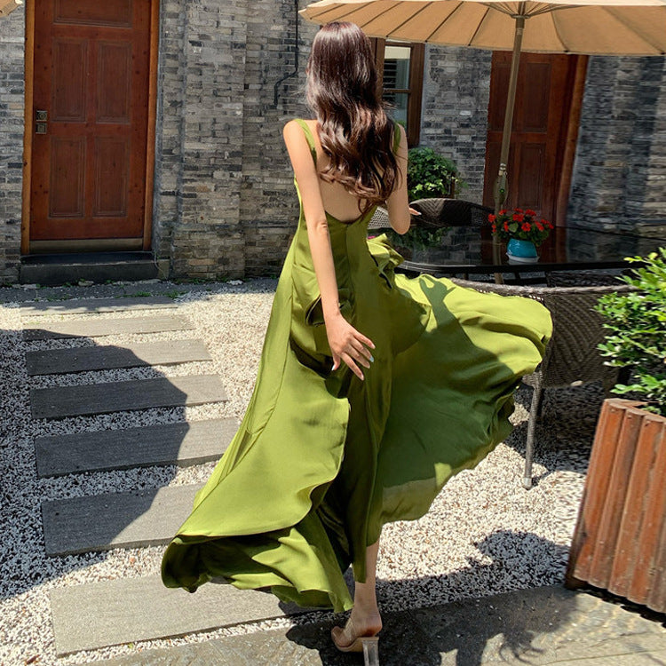 Elegant Green Satin Mermaid Tail Swing Dress with Ruffle Hem - Women's Holiday Party Gown (Size 24) | Perfect for Evening Events, Weddings & Special Occasions