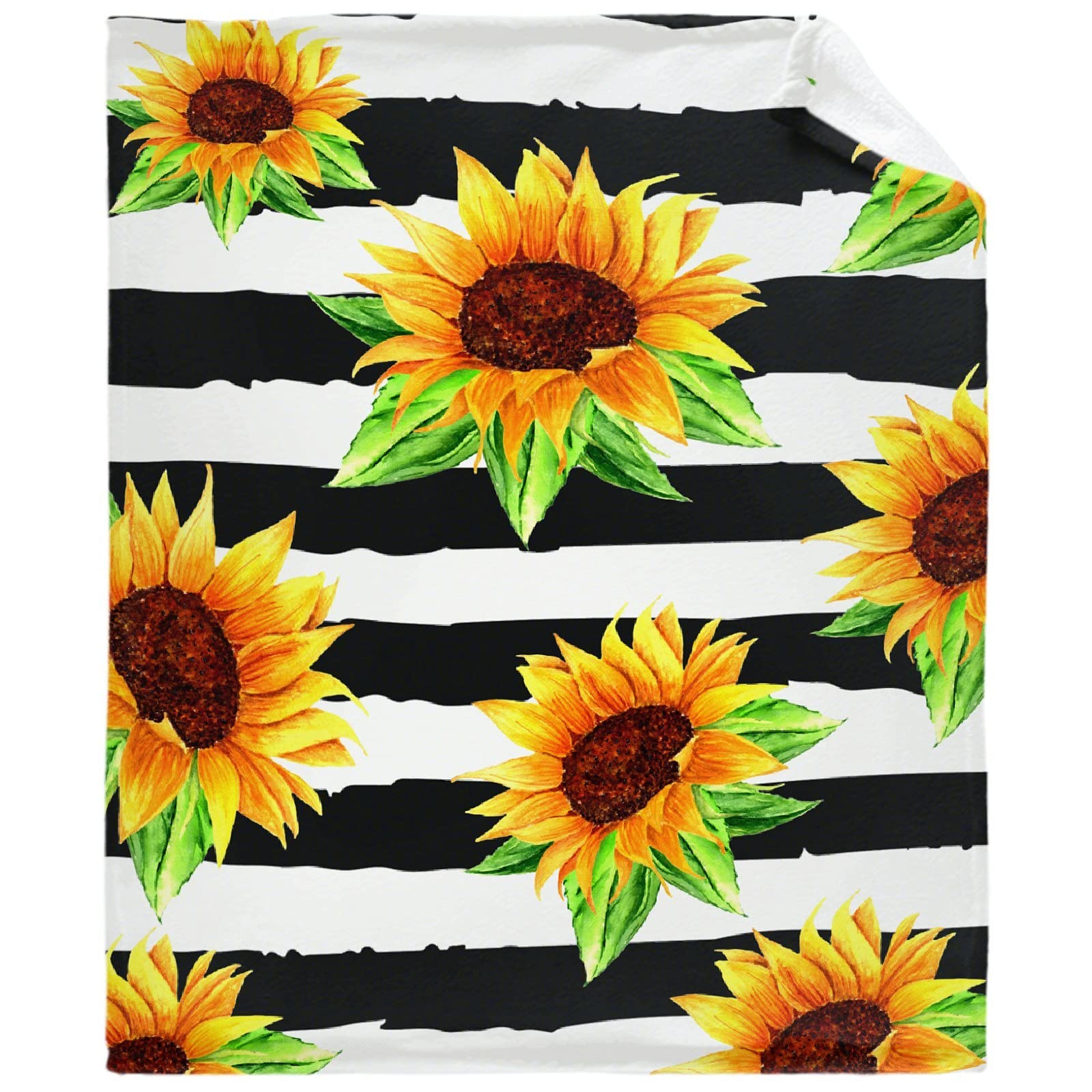Yellow Sunflowers Black Stripes Flannel Fleece Blanket - Soft Lightweight Cozy Throw for Teens (60