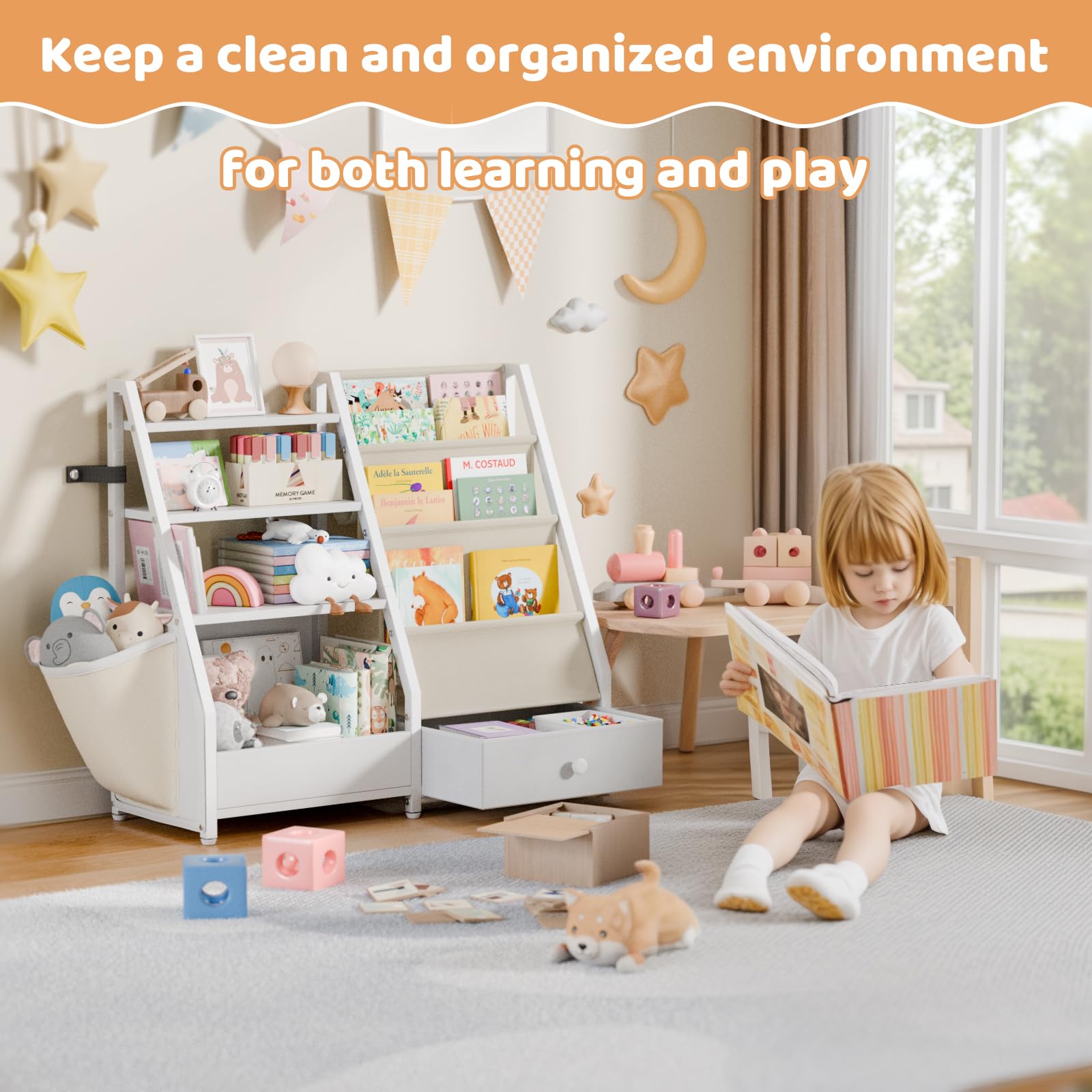 White Kids Bookshelf & Toy Storage Organizer - Montessori Bookcase for Nursery, Toddler Room & Playroom - Perfect for Organizing Books, Toys & Learning Materials