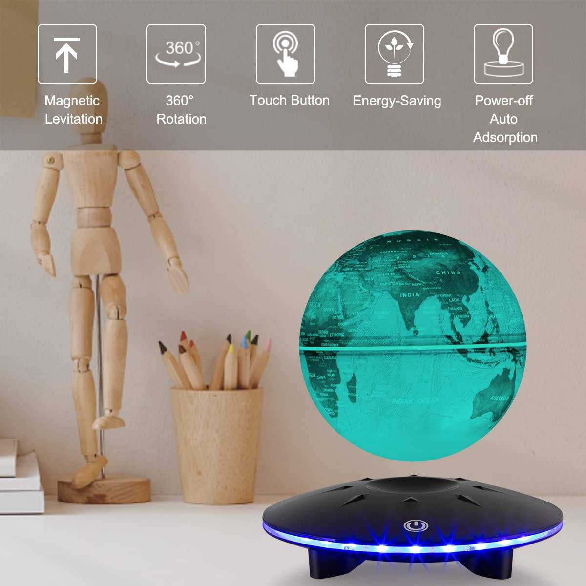 Floating Globe with LED Lights - Magnetic Levitation World Map Lamp, Touch Control Base for Home & Office Decor | Unique Gift Idea for Christmas, Birthdays & Housewarming | Perfect for Study Rooms, Living Rooms & Gifts