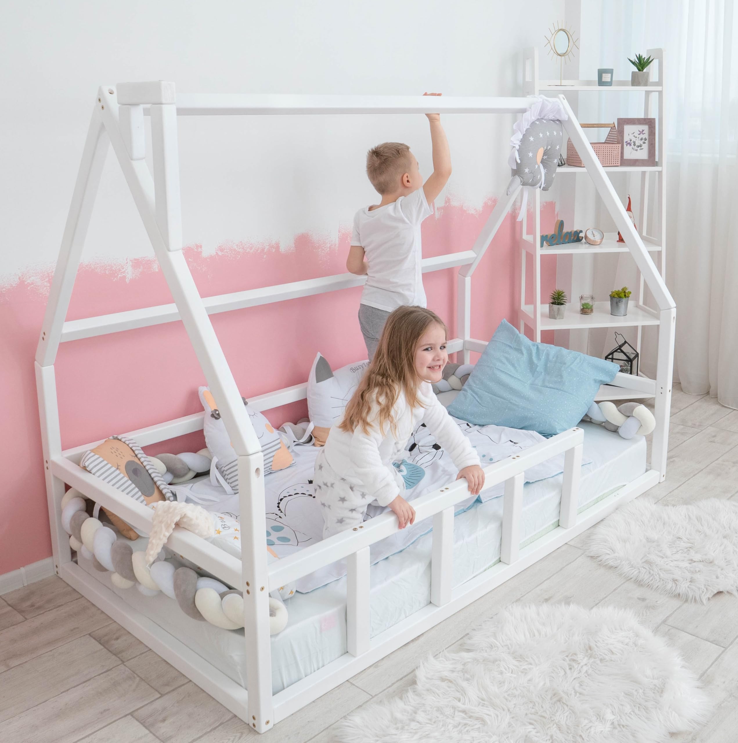 Montessori Floor Bed for Toddlers & Kids - Twin/Full Size Loft Bed with Safety Railings - Solid Wood Platform Bed Frame - Perfect for Montessori Bedrooms, Daycare, or Playrooms (Model 1)