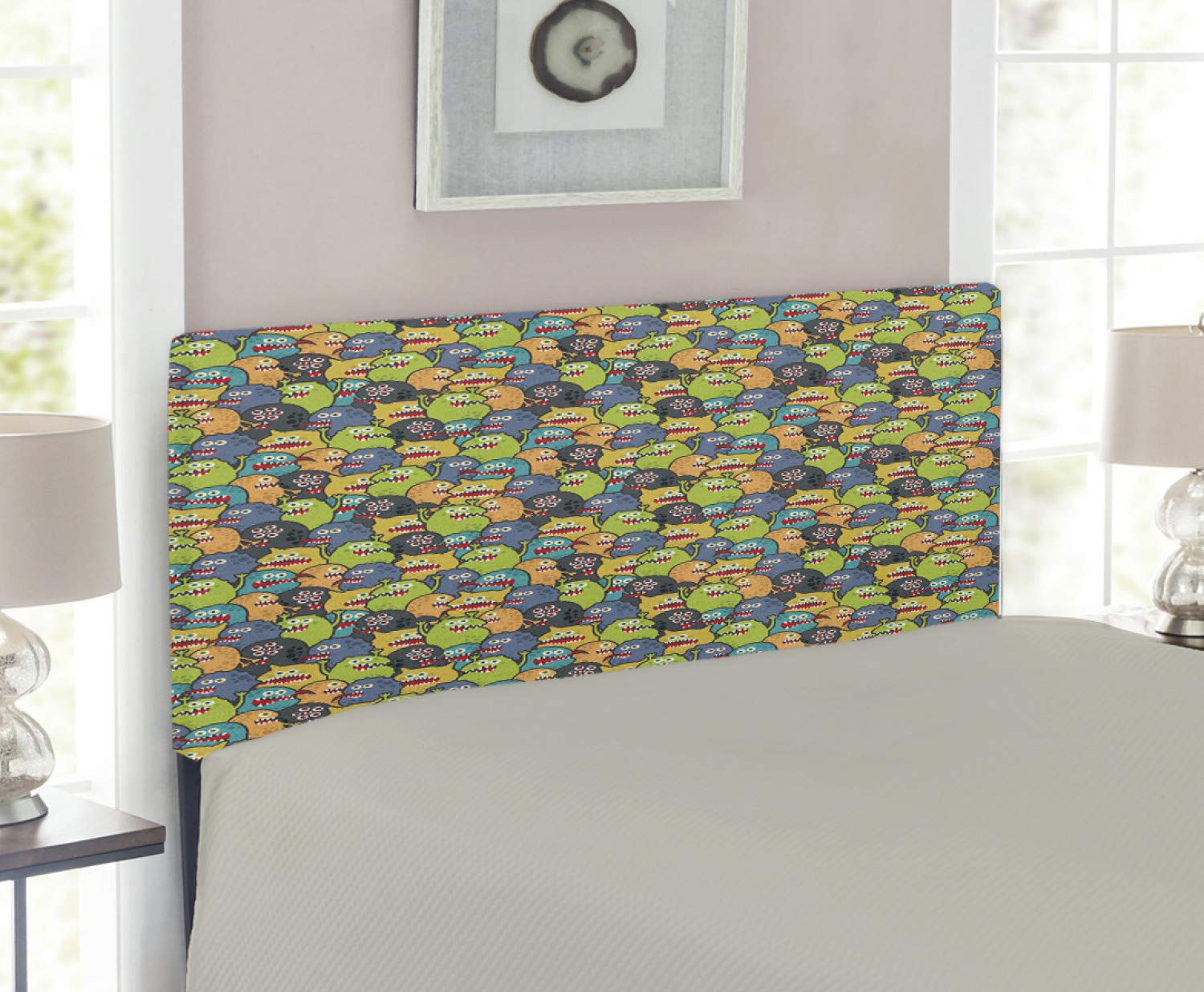 Ambesonne Alien Headboard - Monsters with Many Eyes Outer Space Design, Upholstered Metal Bed Frame with Memory Foam, Twin Size Multicolor - Perfect for Sci-Fi Themed Bedrooms & Kids Room Decor