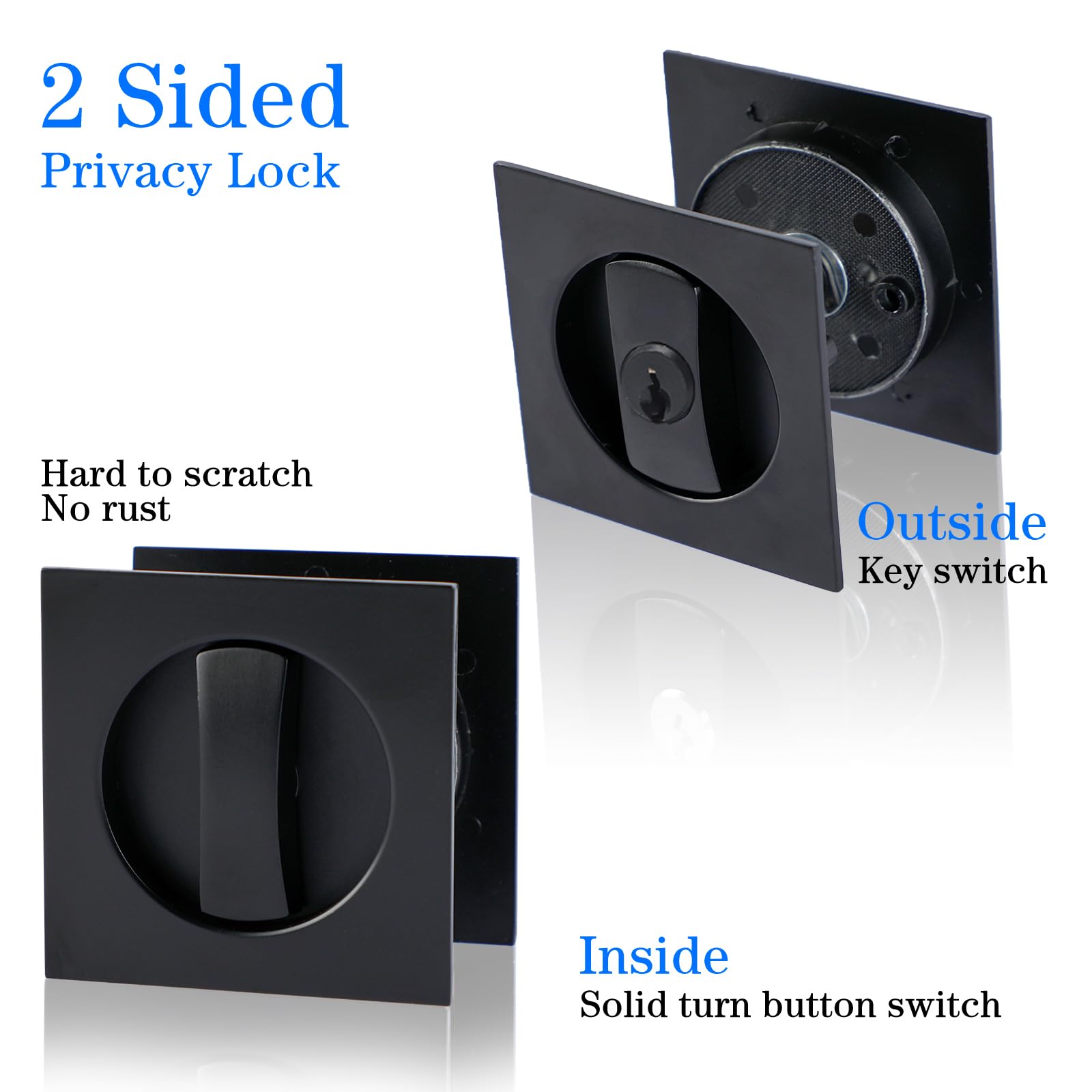 2 Pack Matte Black Pocket Door Lock with Key - Contemporary Sliding Barn Door Latch, Recessed 2-Sided Design, 2 3/8