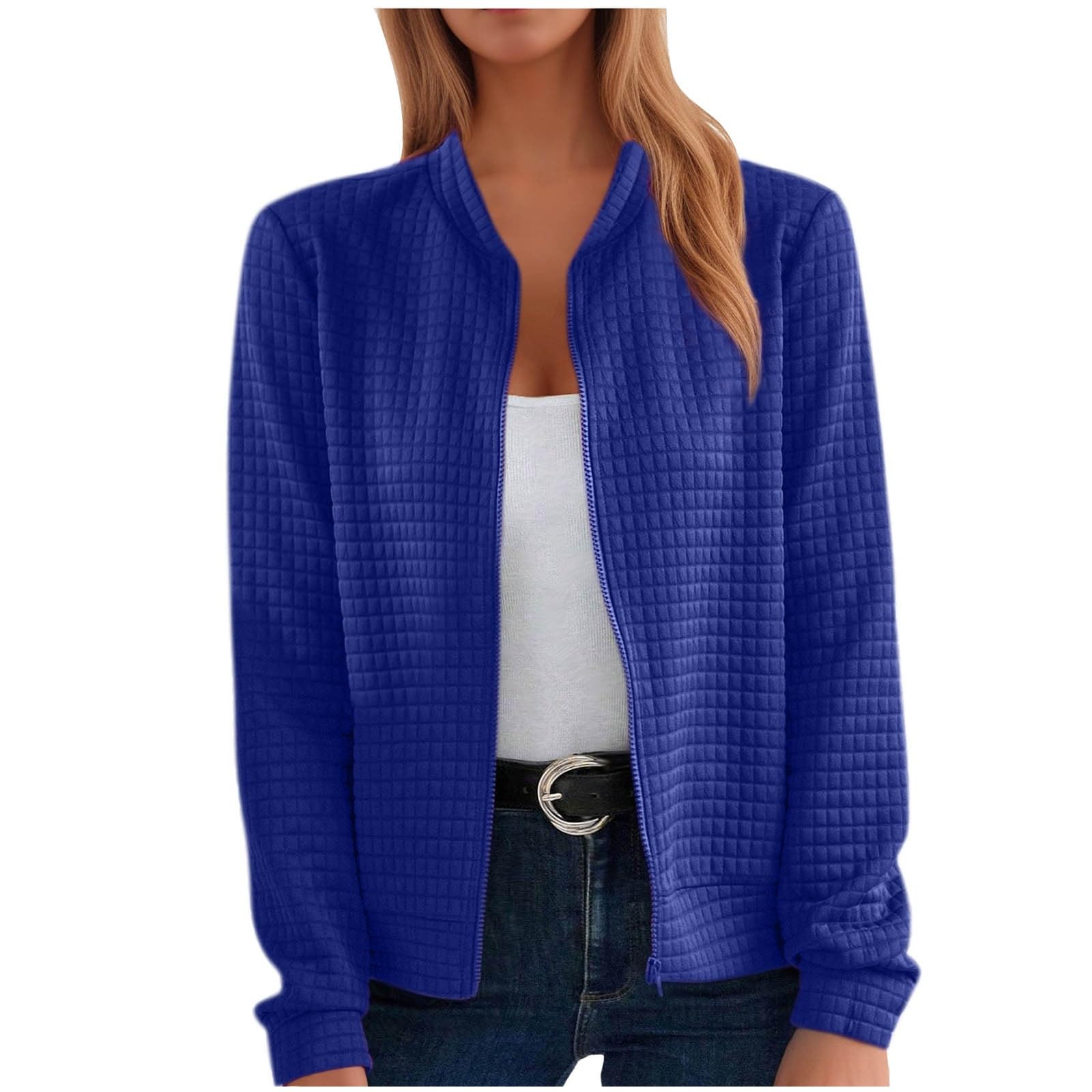 Women's Ribbed Knit Waffle Jacket - Casual Zip Up Long Sleeve Lightweight Coat for Fall 2024 | Solid Color Dressy Outerwear for Work, Travel & Everyday Wear