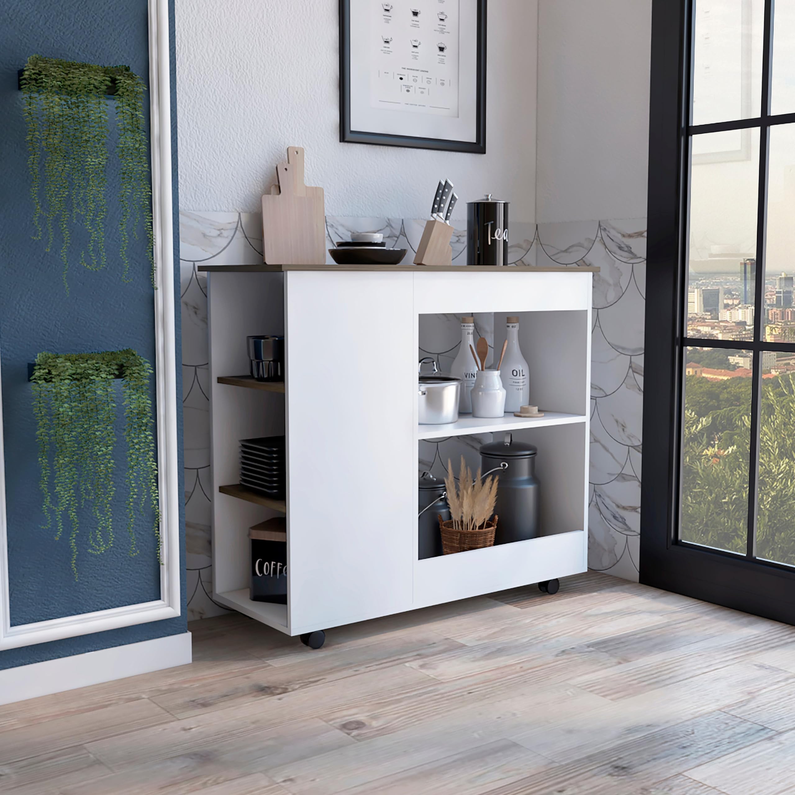 Tuhome Nigella Kitchen Cart with 2 Storage Shelves, 4 Casters & 3 Side Shelves - White/Dark Brown | Rolling Island for Small Kitchen, Dining Room or Bar Counter Organizer
