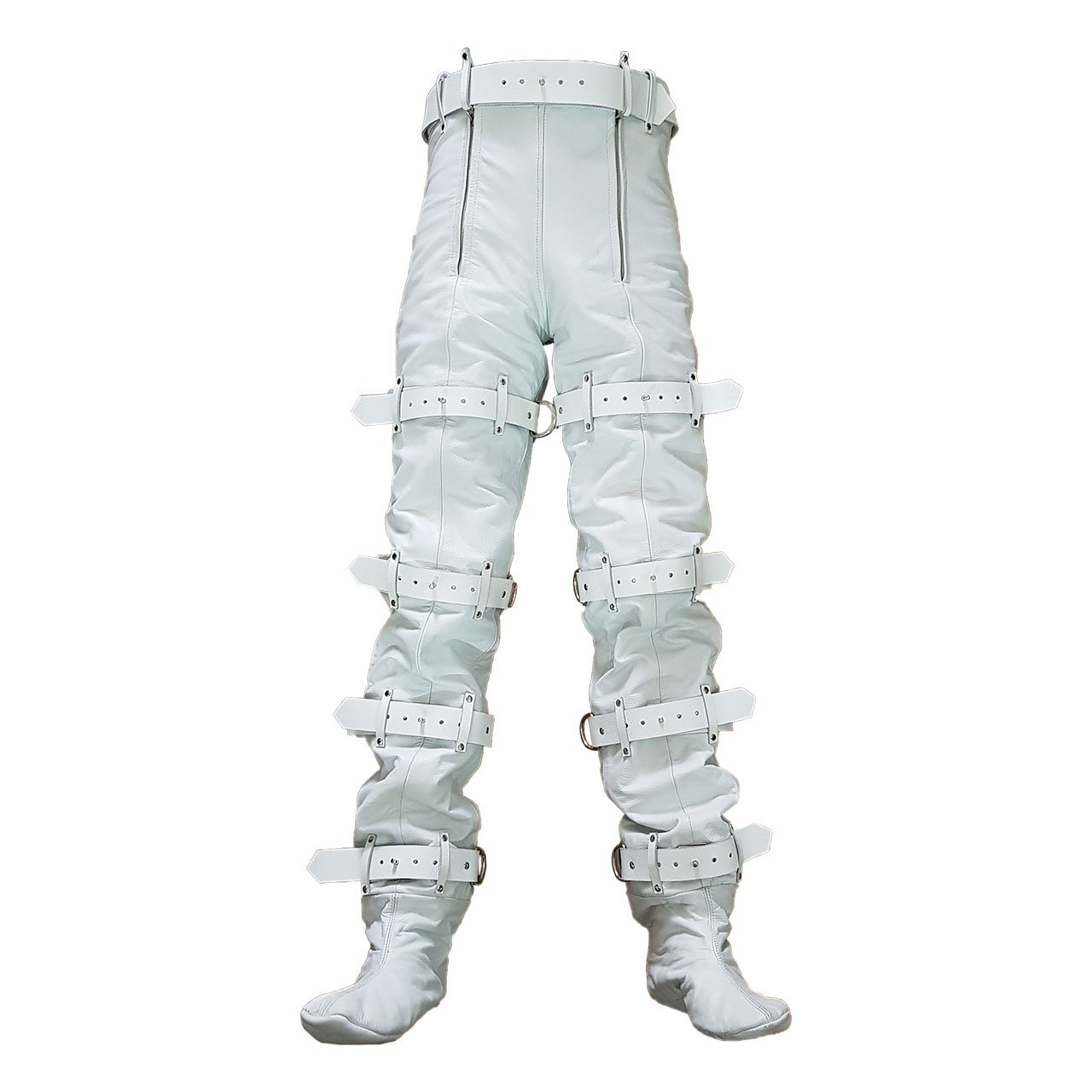 Men's Genuine White Leather Locking Bondage Chastity Jeans with Rear Zipper - BDSM Gear for Adult Play & Fetish Fashion