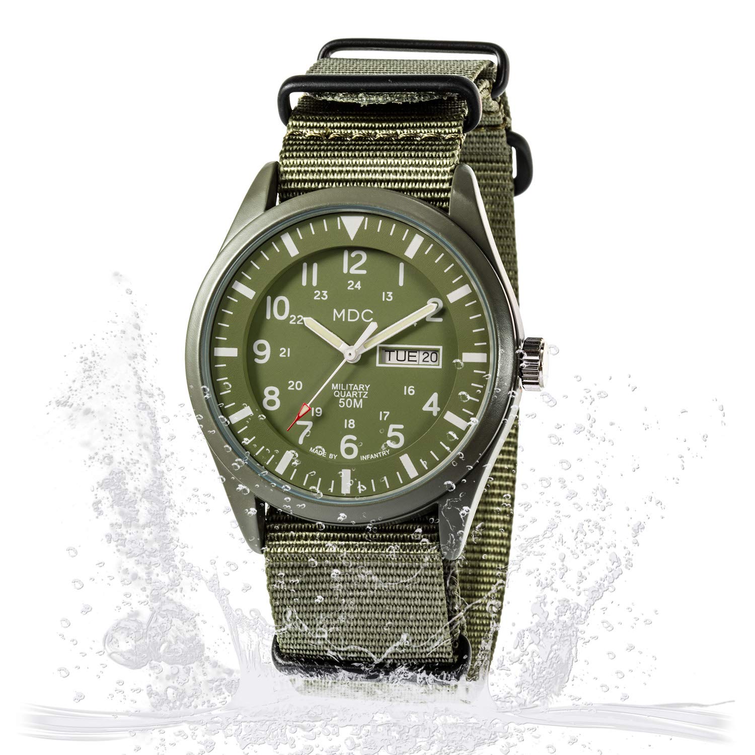 MDC Men's Tactical Military Watch - Waterproof Analog Quartz Wristwatch with Date & Day Display, Army Green Nylon Band - Perfect for Outdoor Sports, Field Work & Military Use