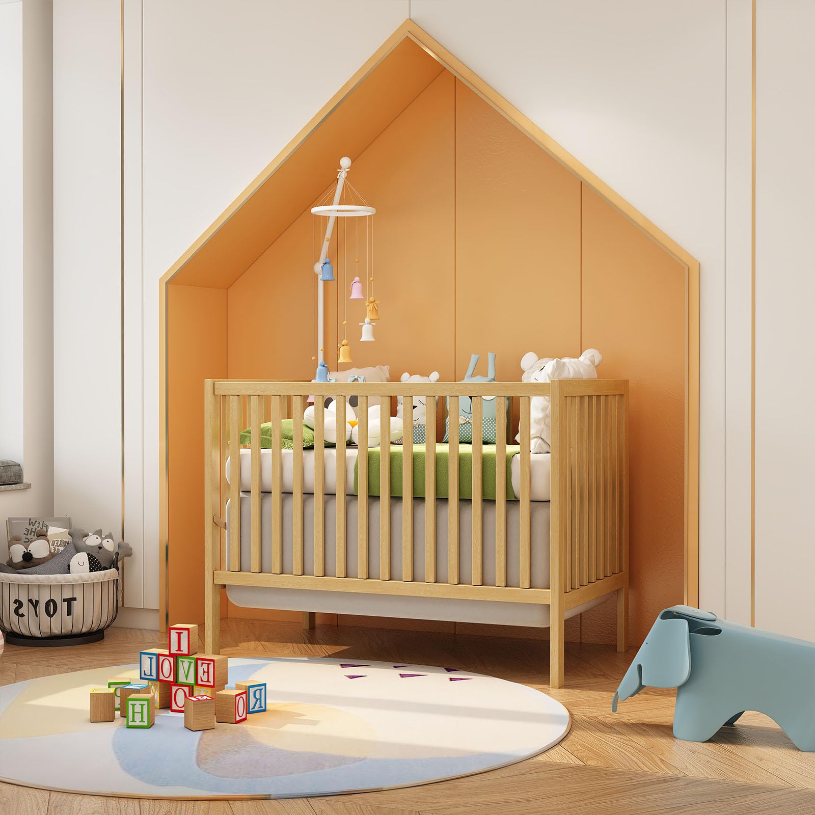 5-in-1 Convertible Baby Crib to Toddler Bed & Full Size Bed Frame - Natural Wood Nursery Furniture for Newborns & Kids (Mattress Not Included) | Perfect for Nursery, Bedroom & Daycare Centers