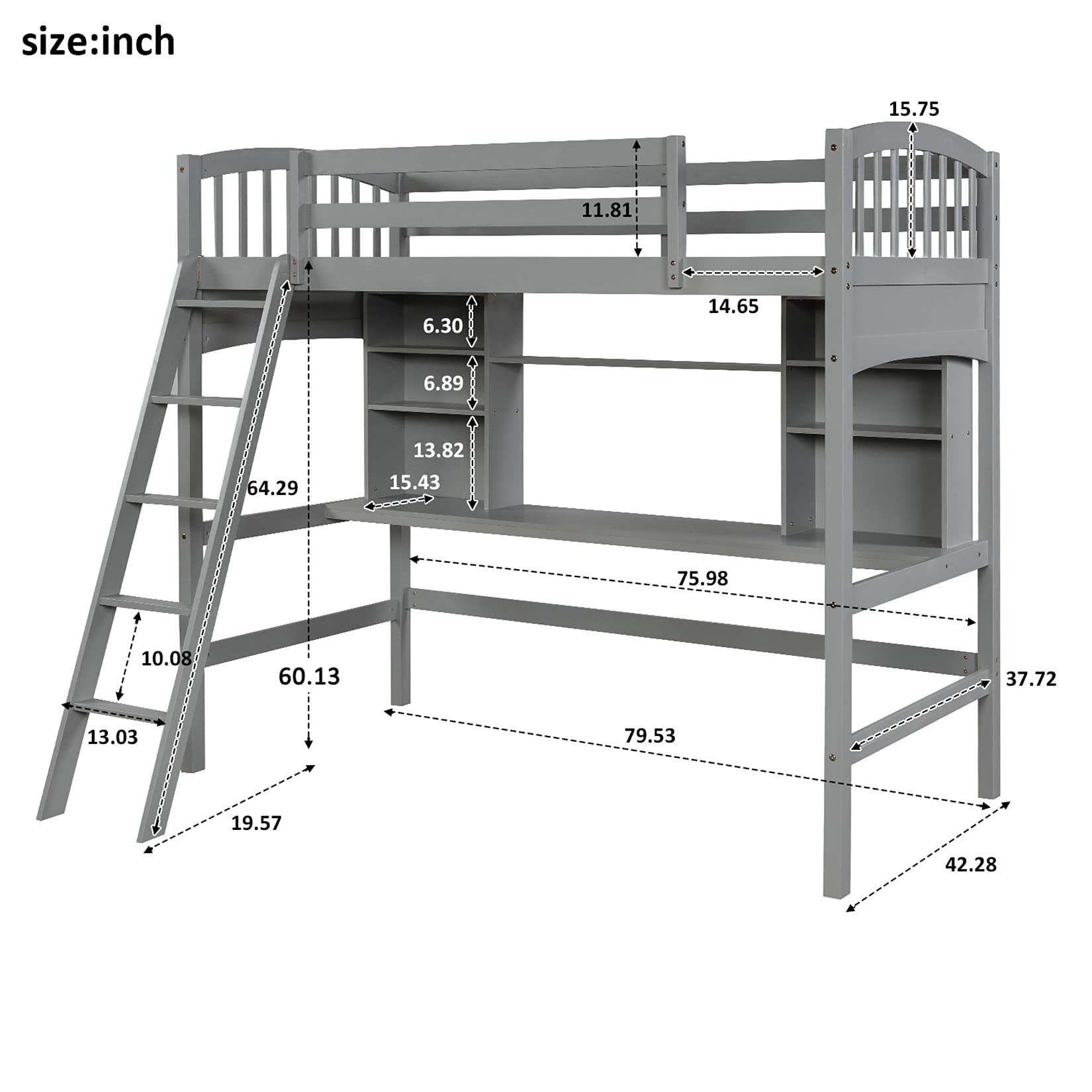 **Twin Loft Bed with Desk & Bookcase - Wooden High Loft Bed for Kids, Teens & Adults - Space-Saving Gray Loft Bed for Dorm, Bedroom & Small Spaces**