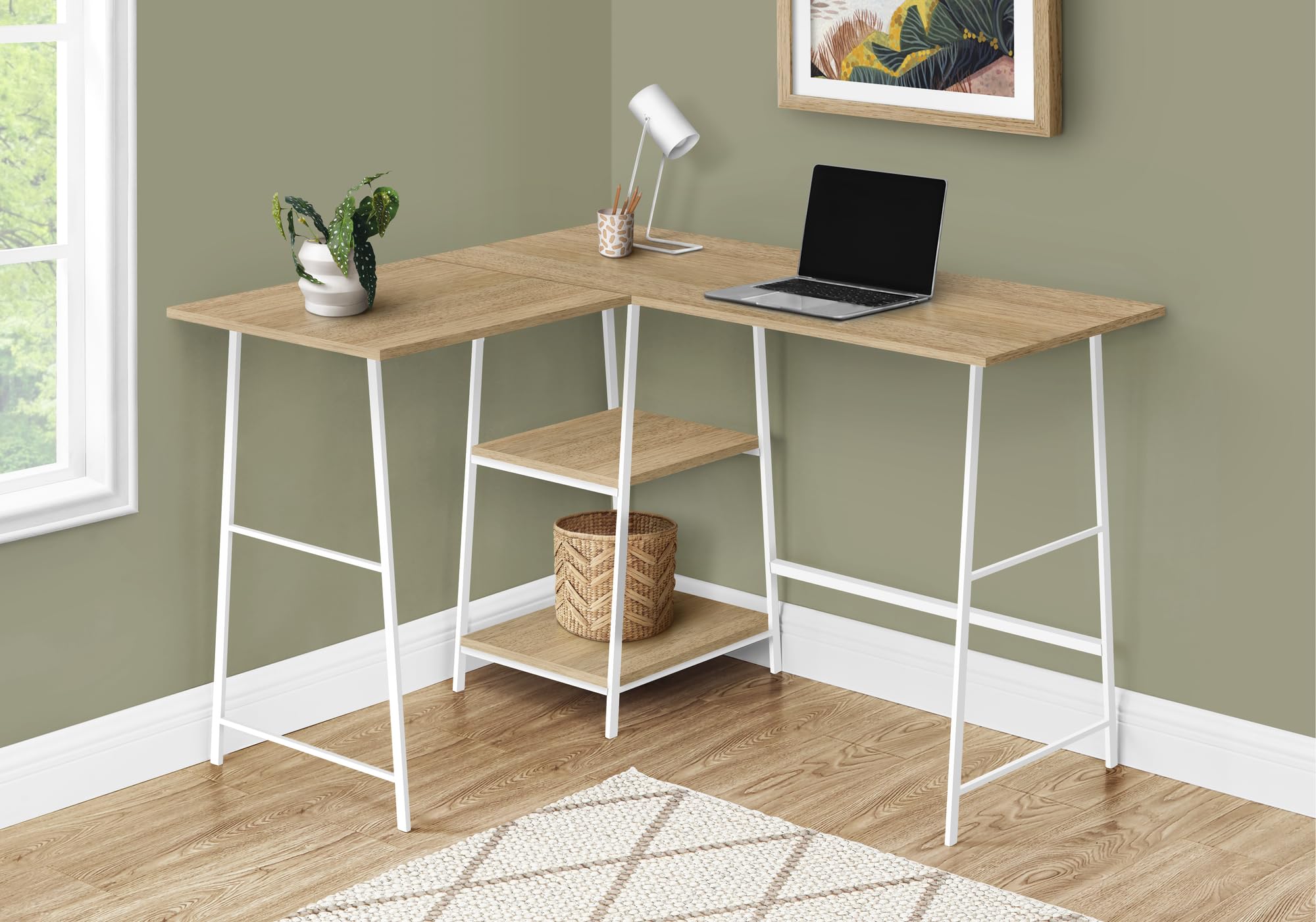 Monarch Specialties 7597 Corner Computer Desk with Storage Shelves - 48 Inch L-Shaped Home Office Desk for Work & Laptop - Metal Frame & Laminate Surface in Natural White - Contemporary Design (42