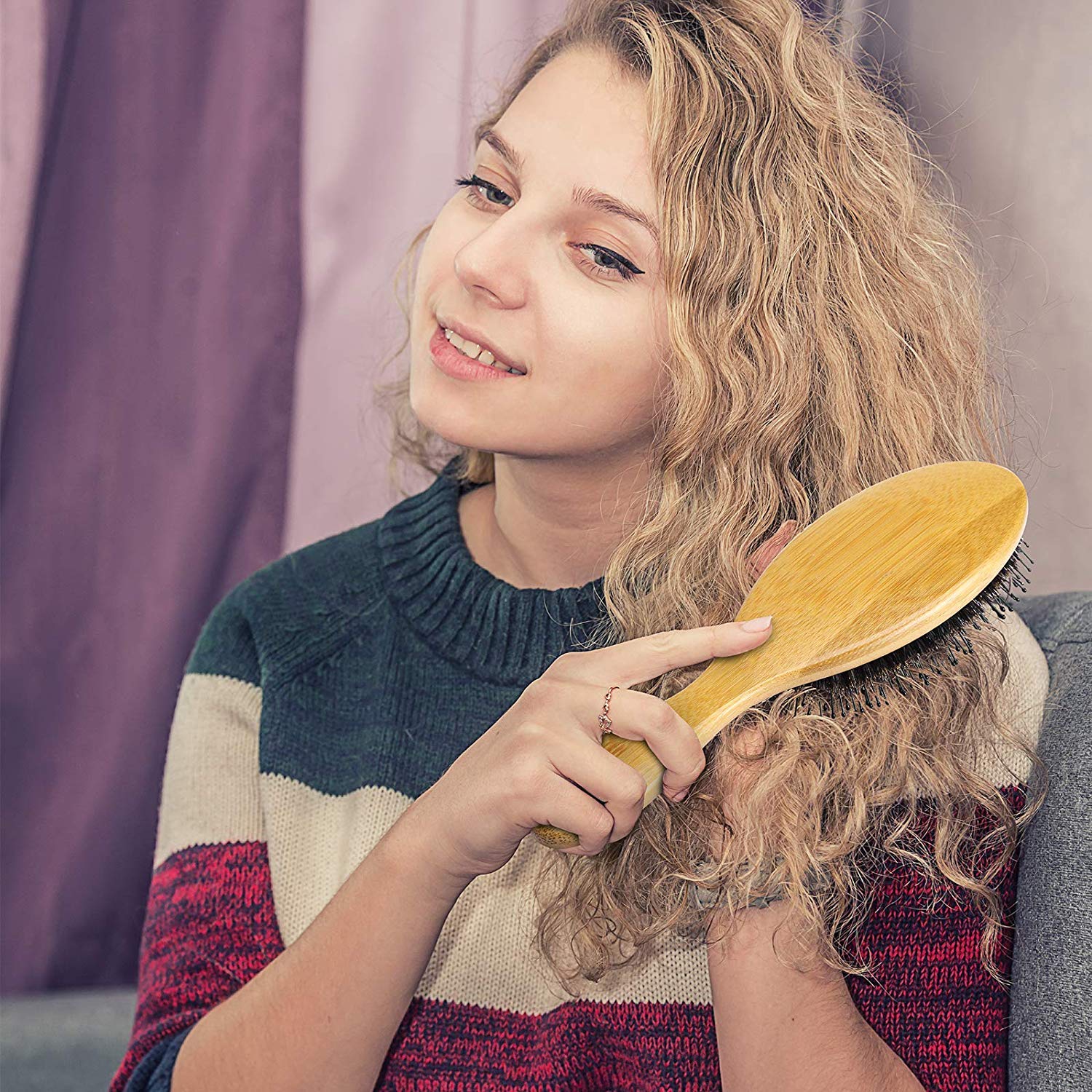 Premium Boar Bristle Hair Brush Set (2 Pack) - Natural Wooden Bamboo Detangling Brush for Thick Hair, Reduces Static & Hair Breakage - Perfect for Daily Styling, Salon Use & Travel Essentials