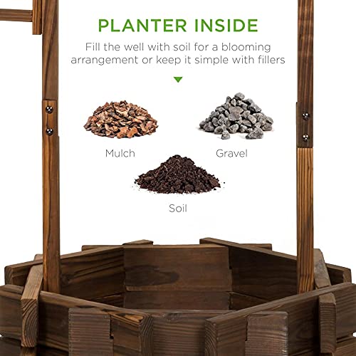 Rustic Wooden Wishing Well Yard Decoration with Built-in Shade & Hanging Bucket Planter - Perfect Patio, Garden, Front Yard Centerpiece for Outdoor Décor | Ideal for Wedding Decorations, Countryside Themed Events, and Backyard Landscaping