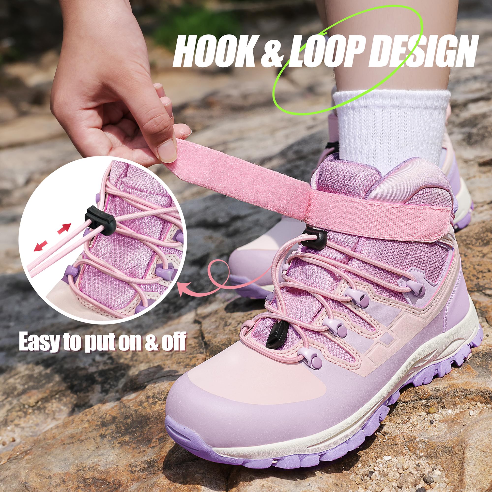 RCORD Kids Hiking Boots for Girls - Waterproof Outdoor Shoes with Durable TPR Traction & Anti-Slip Sole | Drawstring Closure Design | Perfect for Hiking, Camping & Outdoor Adventures