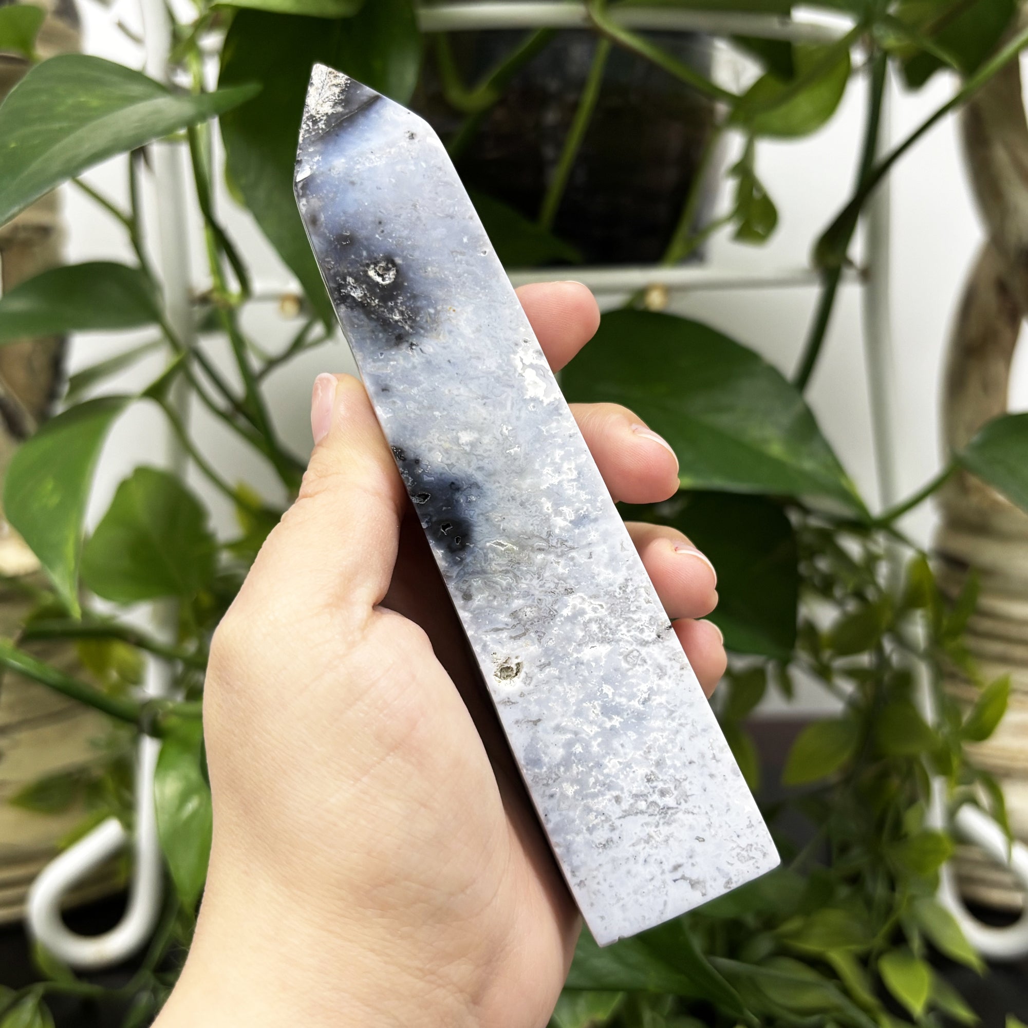 Natural Gray Plume Agate Crystal Obelisk Tower Point - Polished Healing Stone for Energy & Balance - Home Decor, Meditation & Spiritual Healing (RPO476)