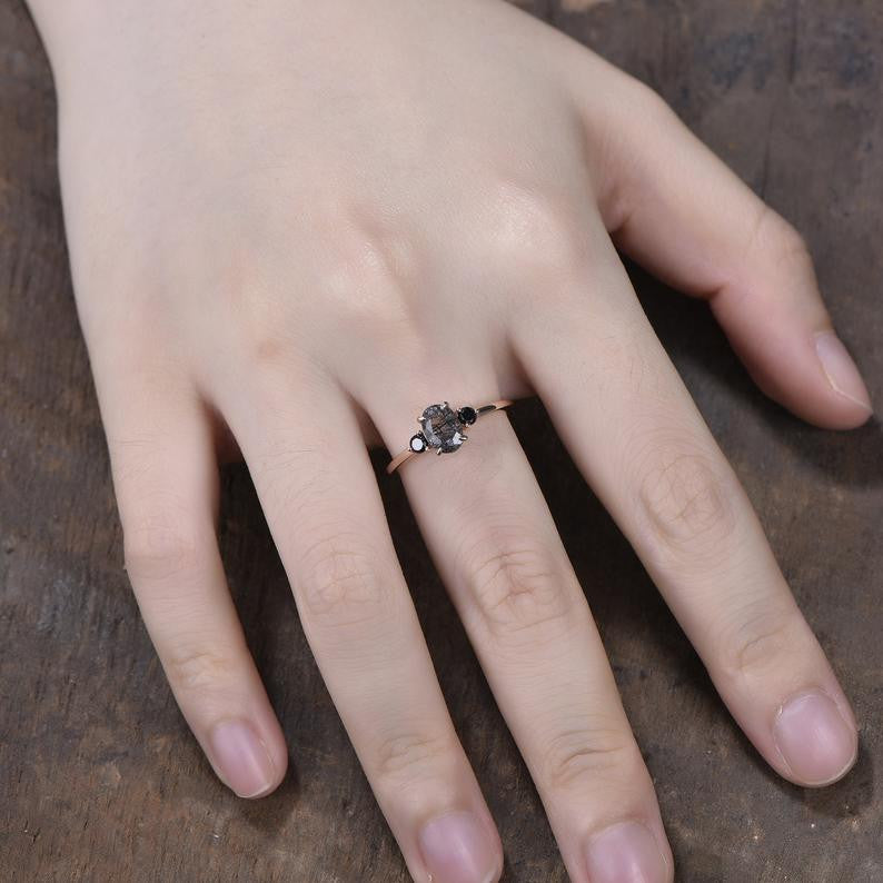 Black Rutilated Quartz Rose Gold Engagement Ring for Women - Black Spinel Wedding Band for Her - Elegant Jewelry Gift for Brides, Anniversaries & Special Occasions