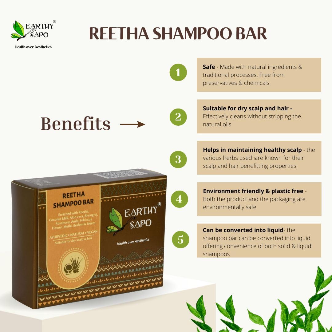 Organic Reetha Shampoo Bar for Dry Hair - 100g Ayurvedic Hair Care with Coconut Milk | Vegan, Chemical-Free, Eco-Friendly Handmade Shampoo | Perfect for Travel, Camping & Zero-Waste Lifestyle