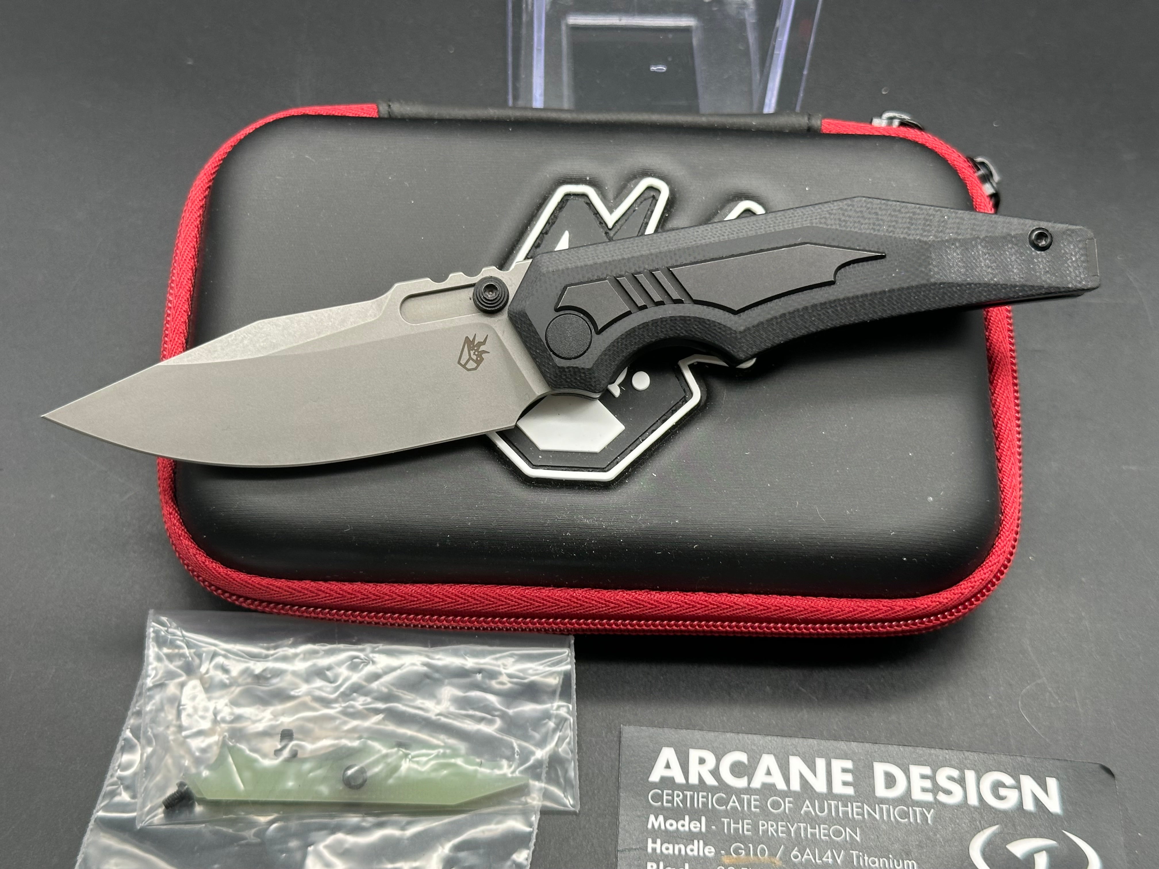 Arcane Preytheon Tactical Knife with Black G10 Handle & Titanium Inserts - Includes Extra Jade G10 Inserts - Perfect for Outdoor Survival, Camping, and EDC Gear