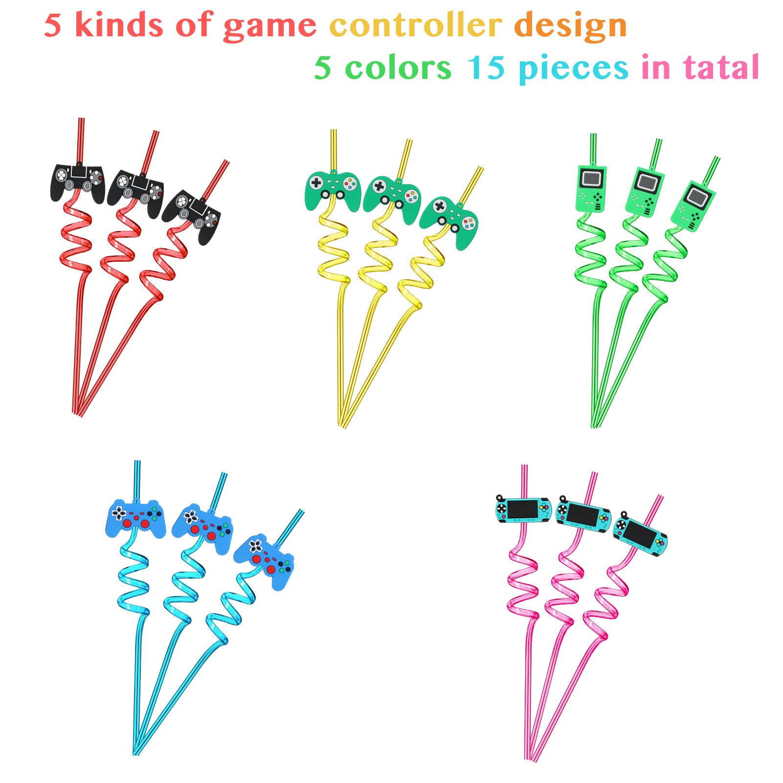 15-Pack Video Game Controller Drinking Straws - 5 Fun Styles for Gamer Parties, Birthday Celebrations & Themed Events - Perfect for Gaming-Themed Parties, Birthday Decorations & Fun Drinks