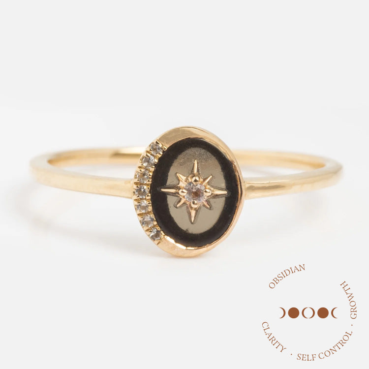Solid Gold Crystal Crescent Moon Ring for Manifestation & Spiritual Healing - Perfect for Meditation, Yoga, and Gift Giving