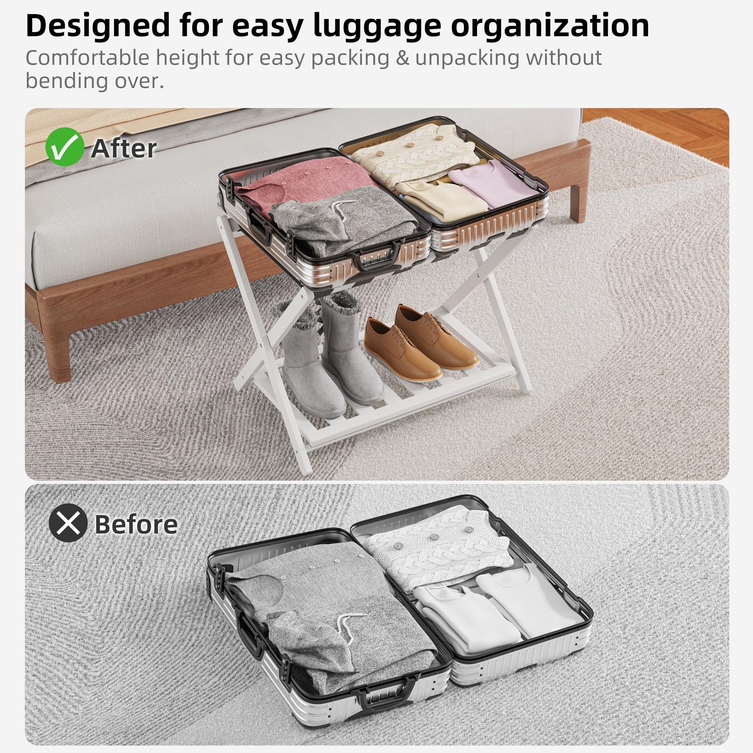 2 Pack Bamboo Folding Luggage Rack with Storage Shelf - 26.77