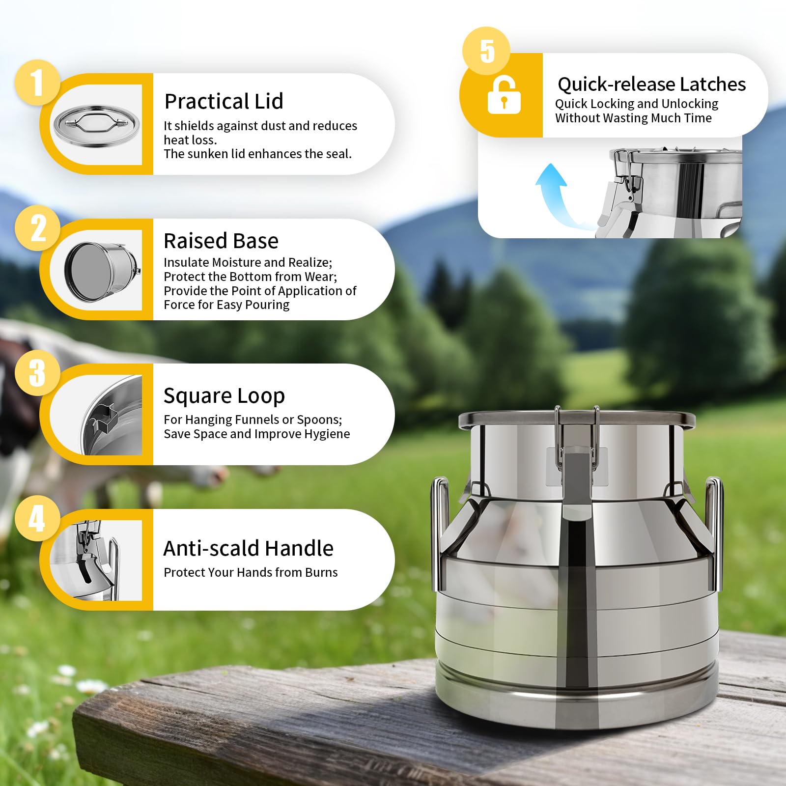 LOYALHEARTDY 12L/3.17Gallon Stainless Steel Milk Can with Lid - Airtight Food Storage Container for Kitchen, Perfect for Milk, Juice, Ice, Grains & Dry Goods | Great for Home, Restaurant & Camping Use