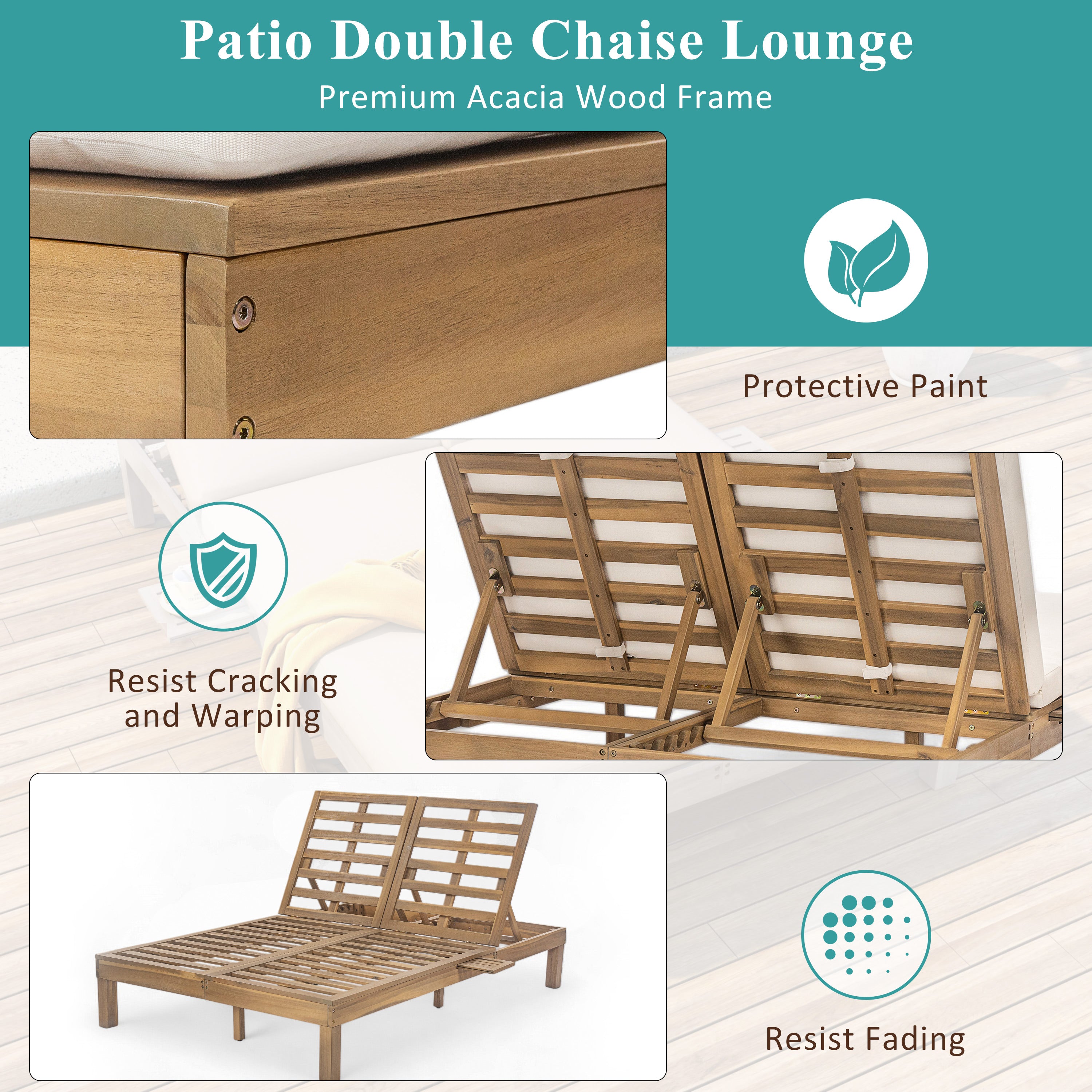 5-Position Adjustable Backrest Outdoor Chaise Lounge Daybed with Cushion & Folding Side Trays - Patio Poolside Garden Furniture for 2 People - Perfect for Sunbathing, Relaxing by the Pool or Backyard Lounging